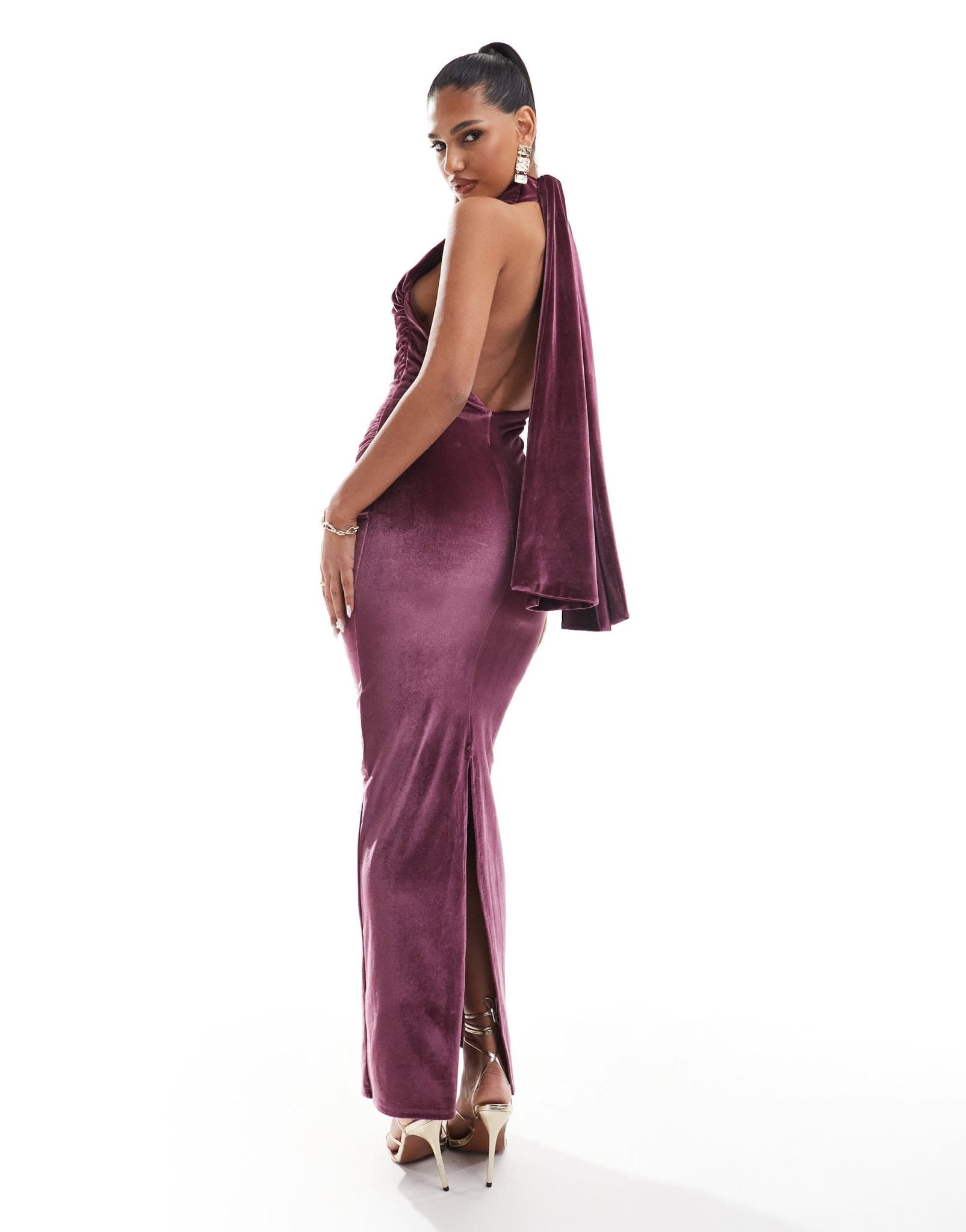 ASOS DESIGN velvet twist bust detail halter maxi dress with tie back neck in pink - ASOS Sample Sale