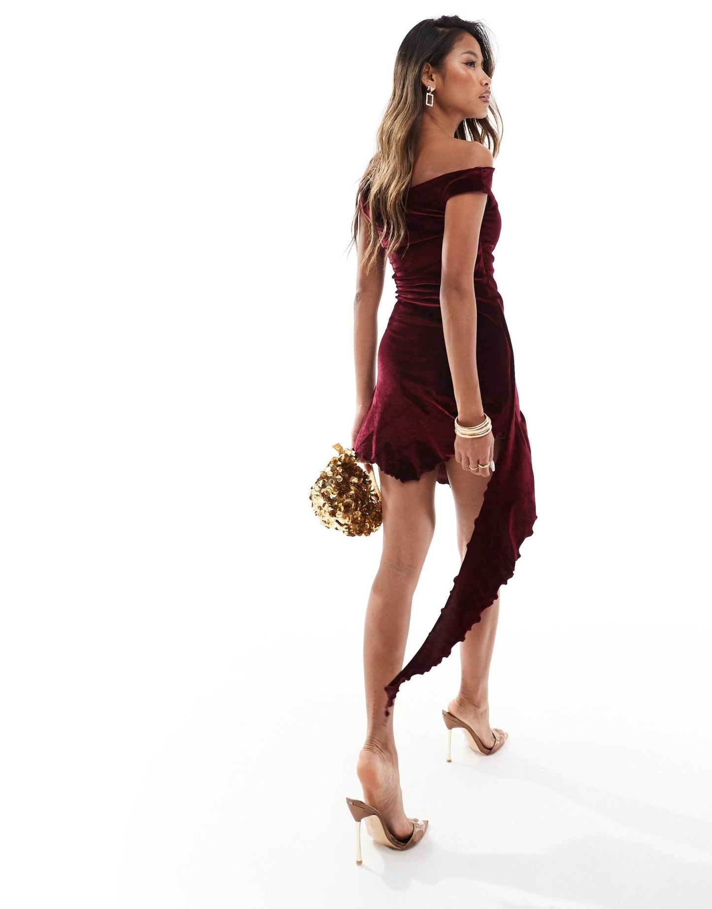 ASOS DESIGN velvet twisted off shoulder mini dress with asymmetric hem in burgundy - ASOS Sample Sale