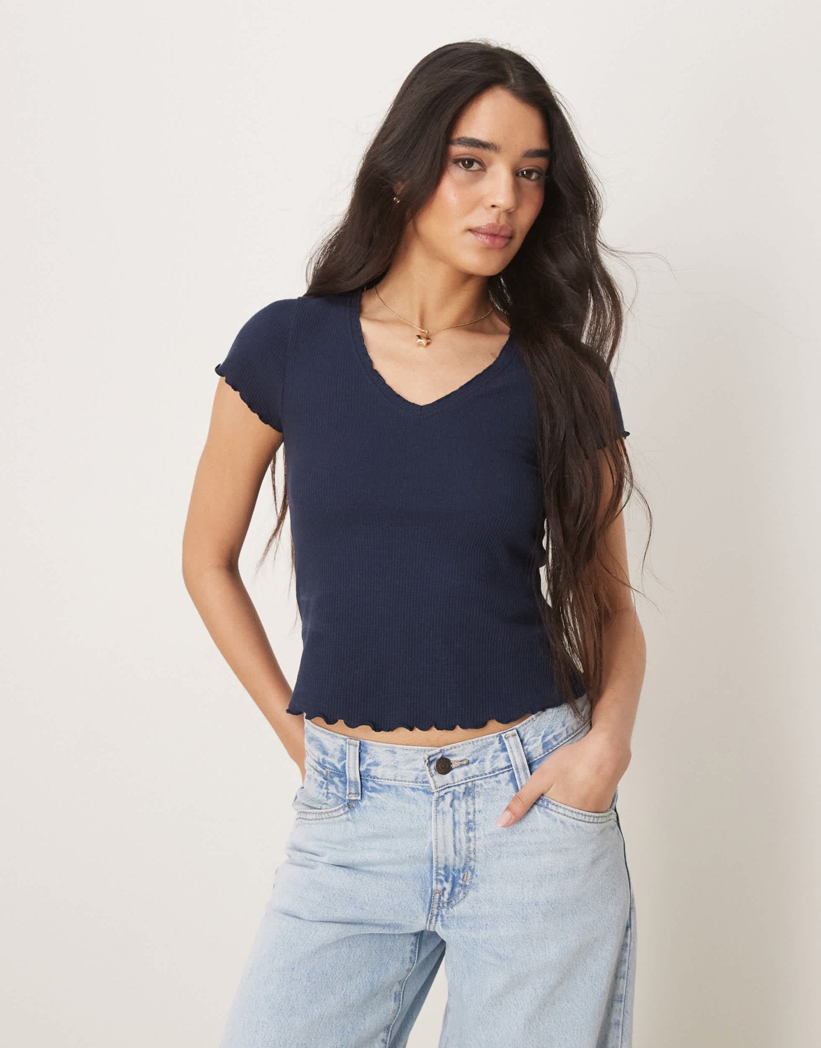 ASOS DESIGN waffle v neck t-shirt with overlock trim in navy - ASOS Sample Sale