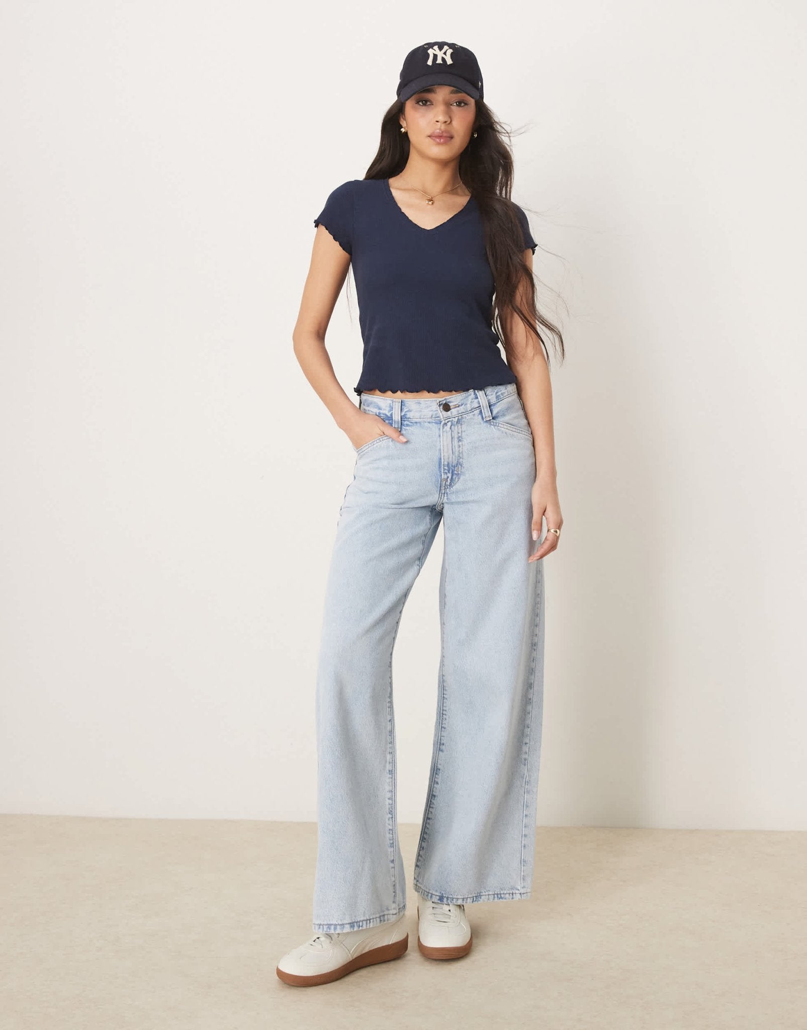 ASOS DESIGN waffle v neck t-shirt with overlock trim in navy - ASOS Sample Sale