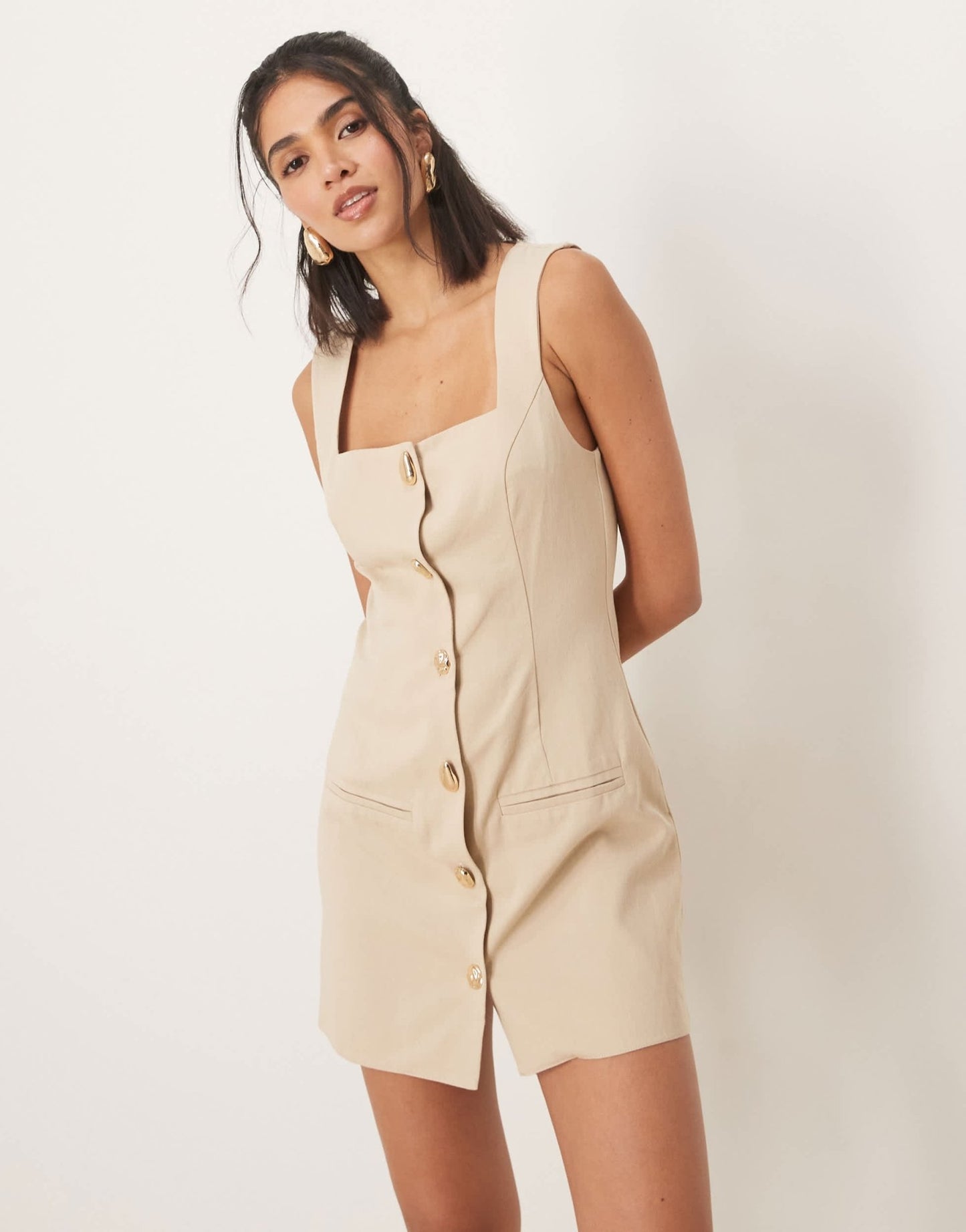 ASOS DESIGN waistcoat mini dress with gold button detail in stone - ASOS Sample Sale