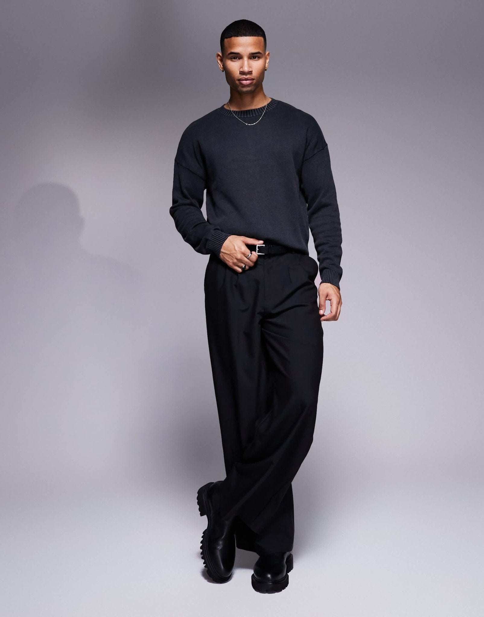 ASOS DESIGN washed relaxed knitted crew neck jumper in black - ASOS Sample Sale