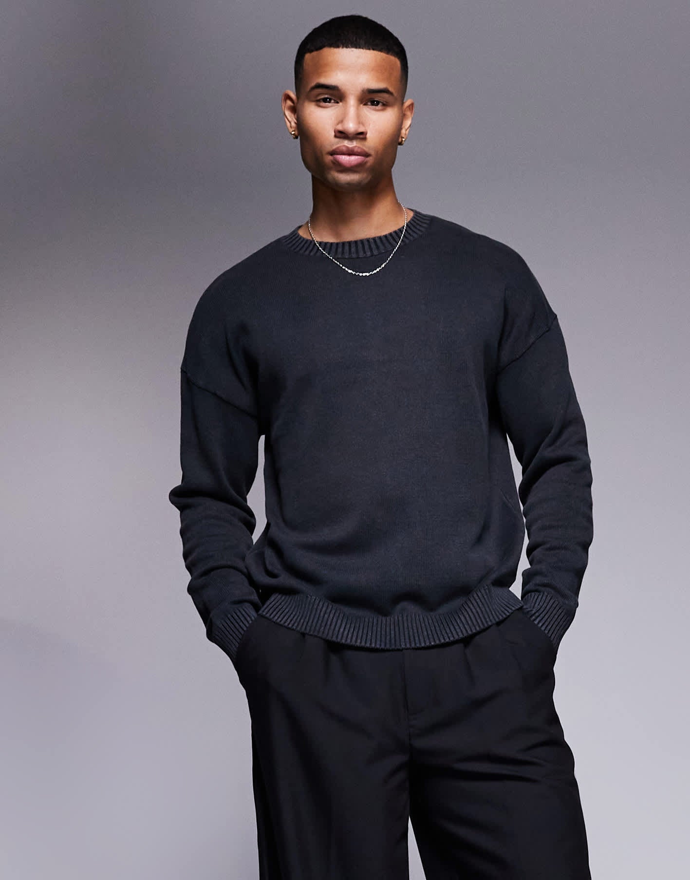 ASOS DESIGN washed relaxed knitted crew neck jumper in black - ASOS Sample Sale