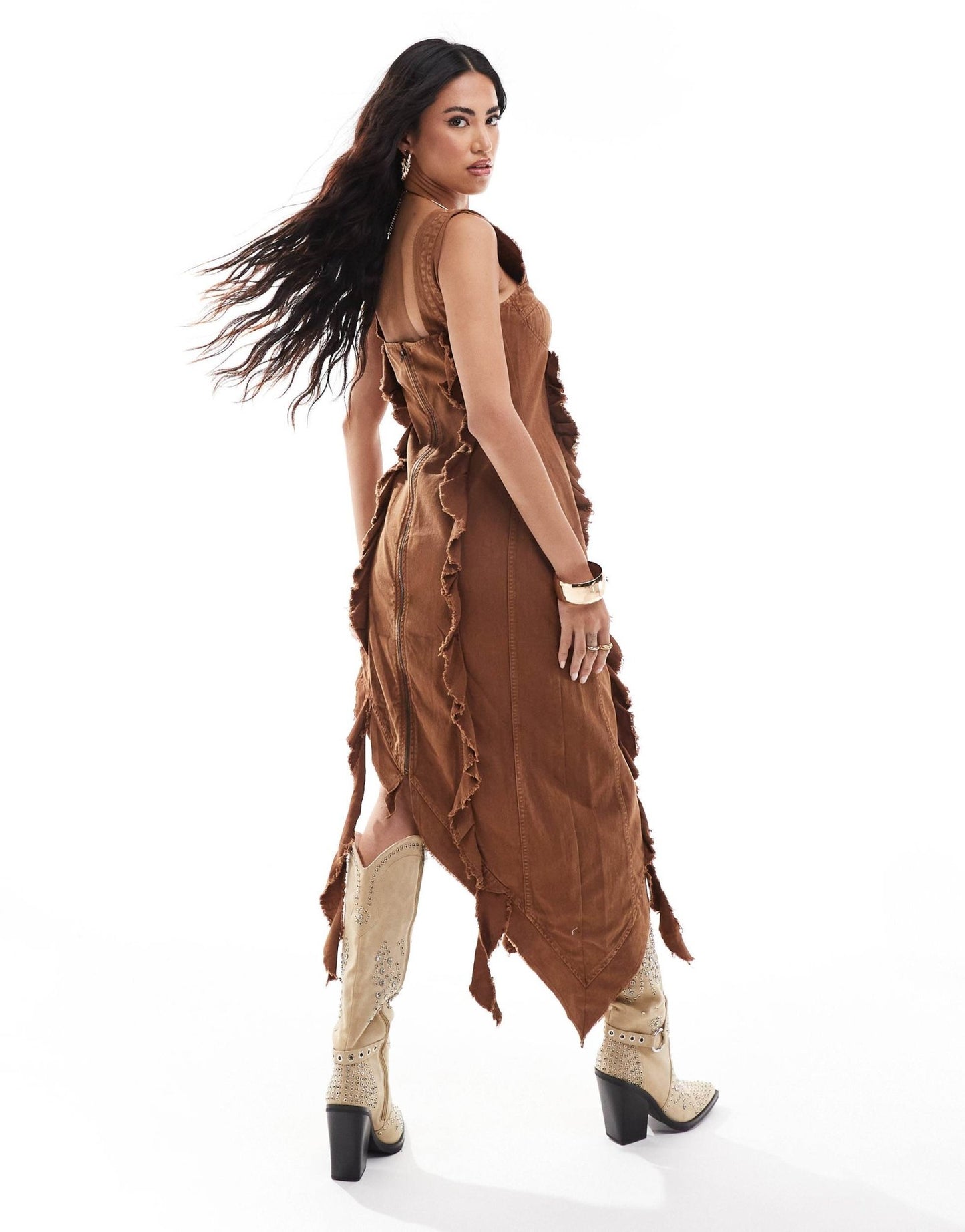 ASOS DESIGN washed twill midi dress with raw edge and asymmetric hem in chocolate - ASOS Sample Sale