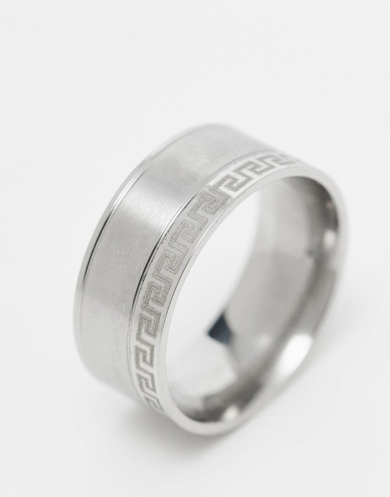 ASOS DESIGN waterproof stainless steel Greek wave single edge band ring in brushed silver - ASOS Sample Sale