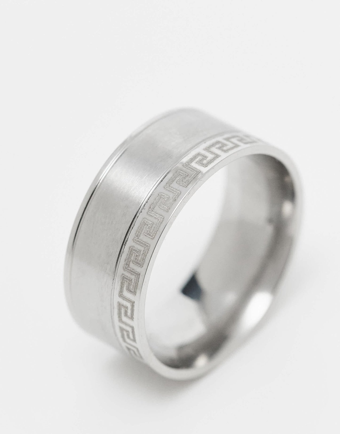 ASOS DESIGN waterproof stainless steel Greek wave single edge band ring in brushed silver - ASOS Sample Sale