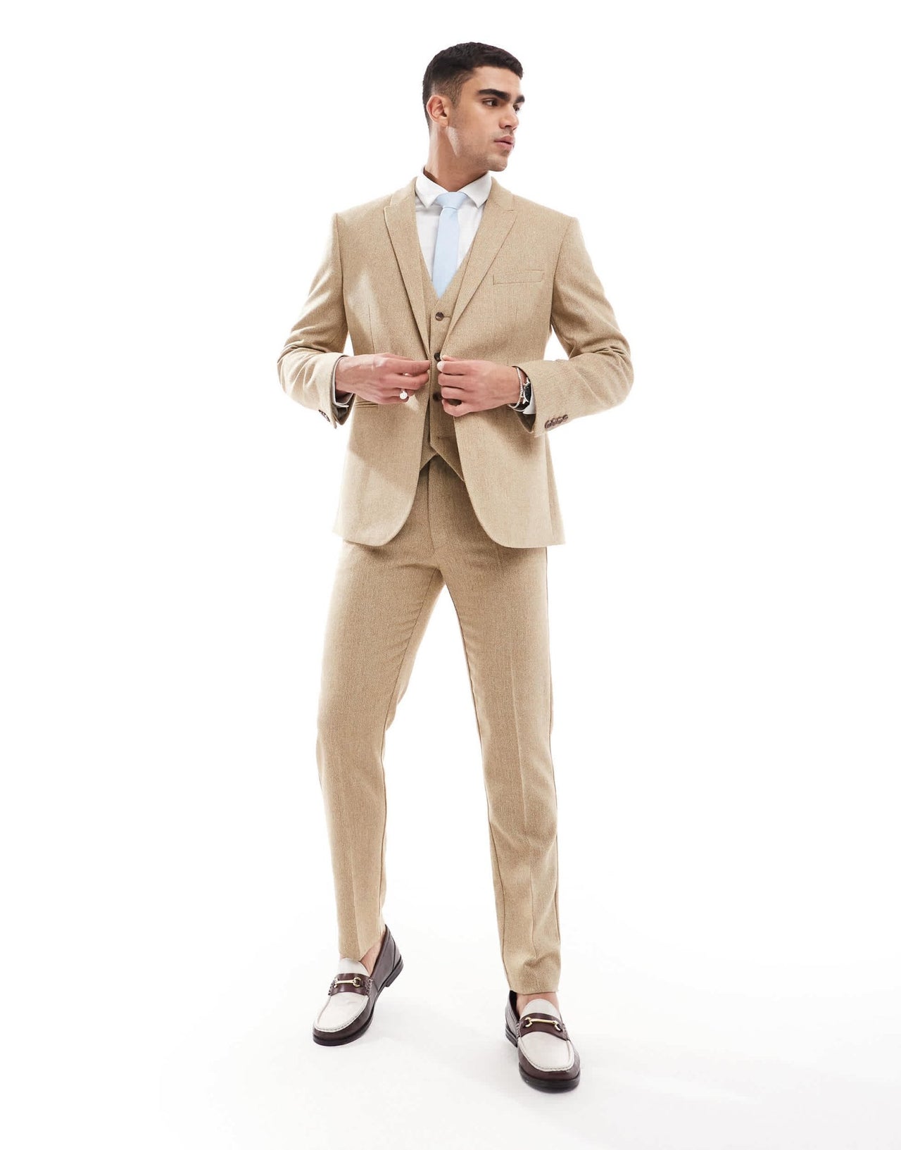 ASOS DESIGN wedding slim wool mix suit jacket in beige basketweave texture - ASOS Sample Sale