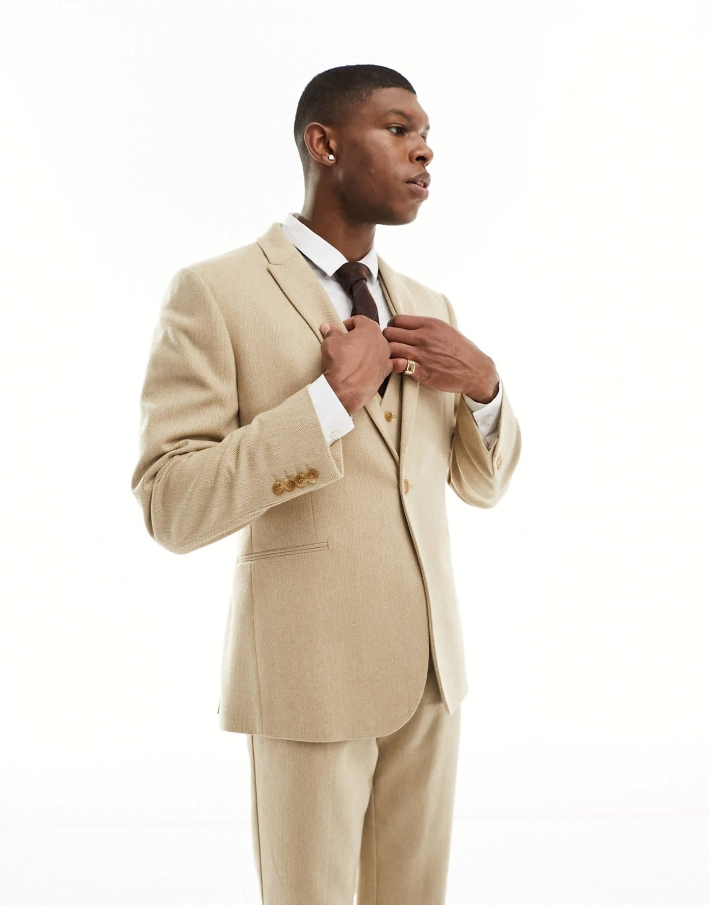 ASOS DESIGN wedding slim wool mix suit jacket in beige basketweave texture - ASOS Sample Sale