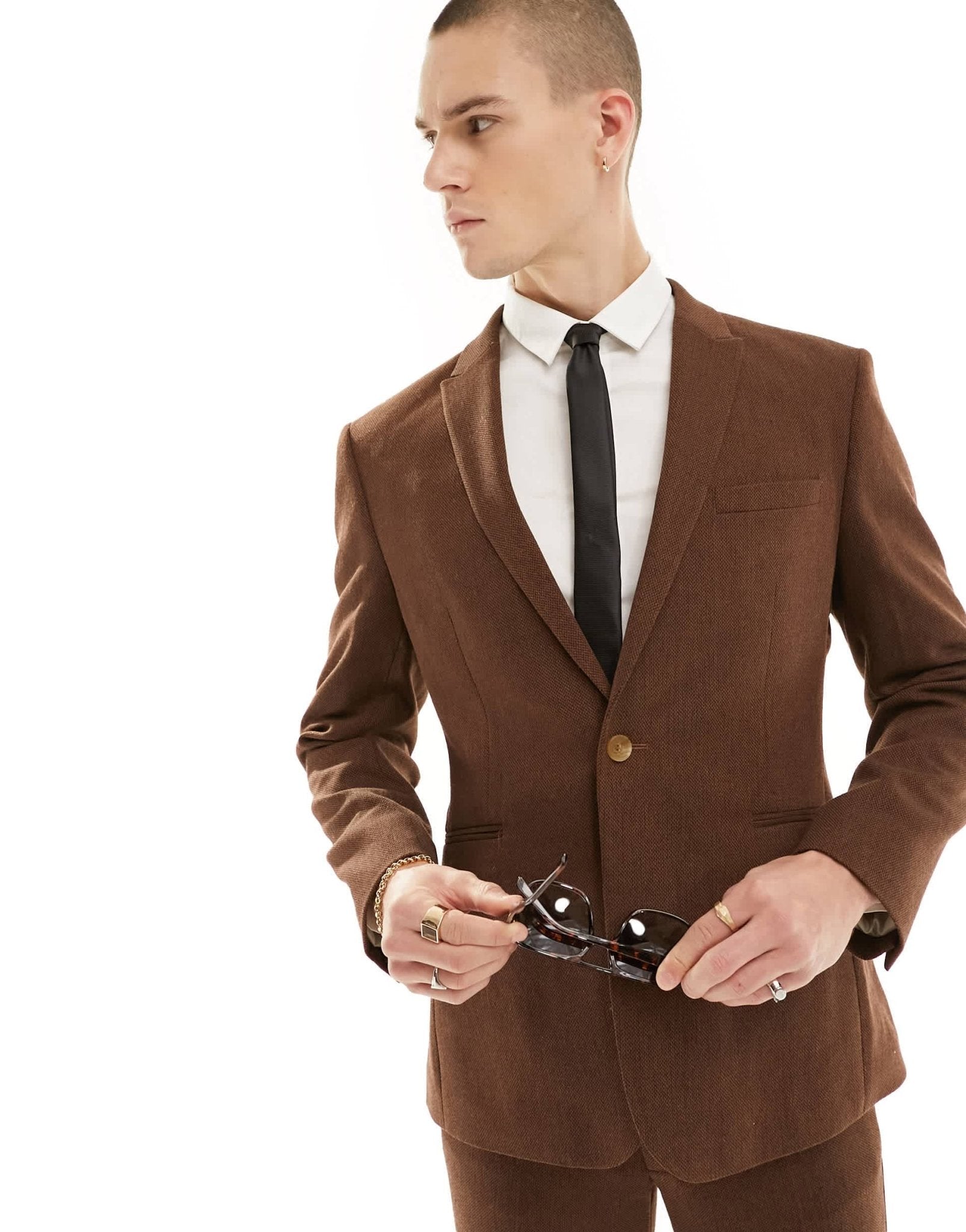 ASOS DESIGN wedding slim wool mix suit jacket in brown basketweave texture - ASOS Sample Sale