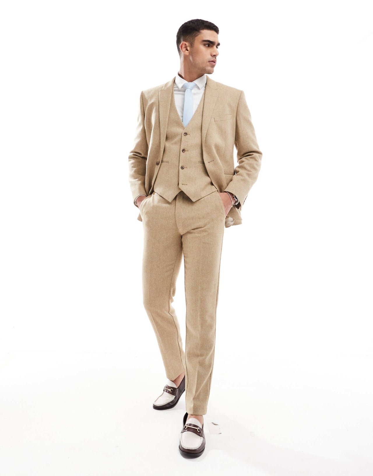 ASOS DESIGN wedding slim wool mix suit waistcoat in beige basketweave texture - ASOS Sample Sale