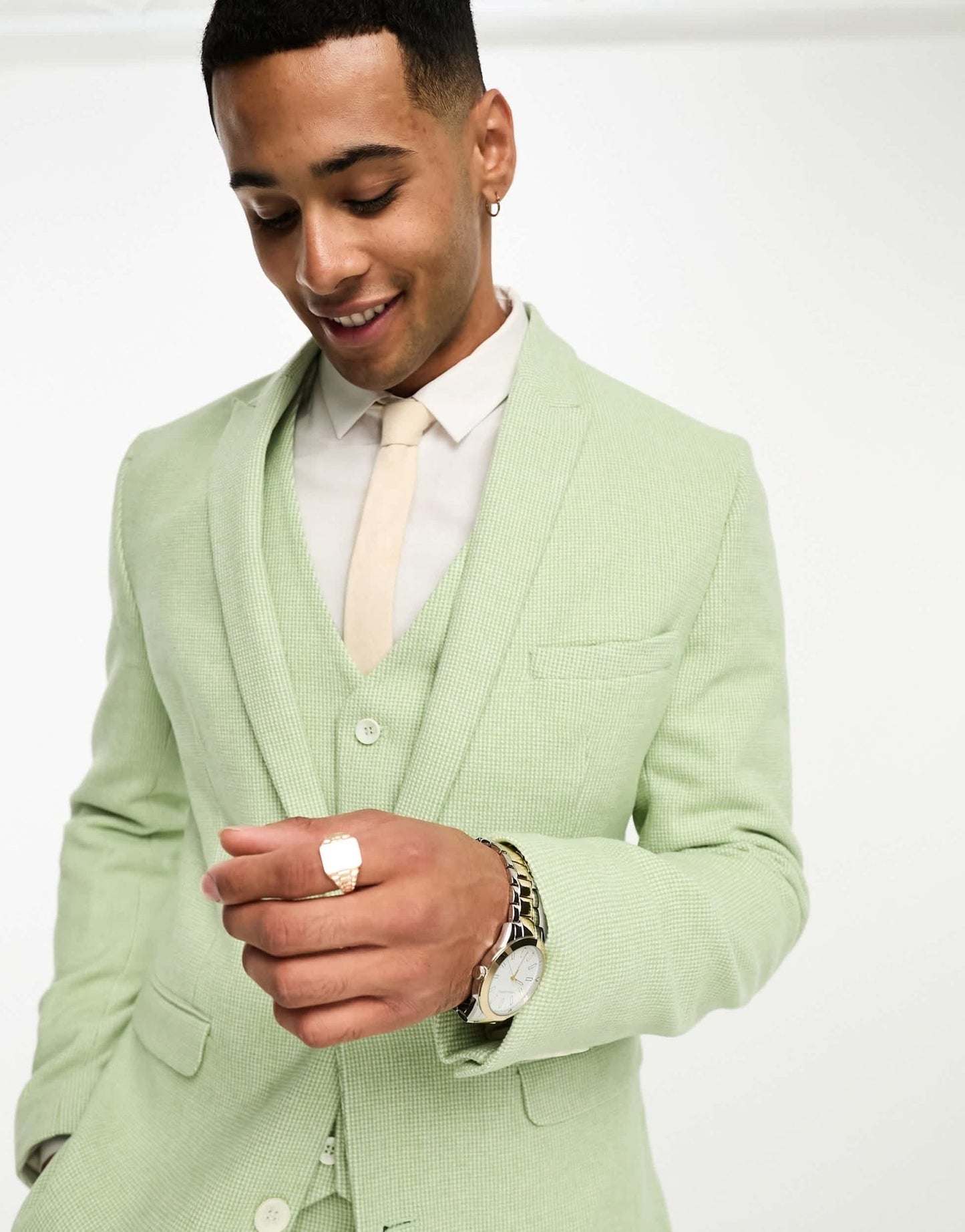ASOS DESIGN wedding super skinny wool mix puppytooth suit jacket in sage green - ASOS Sample Sale