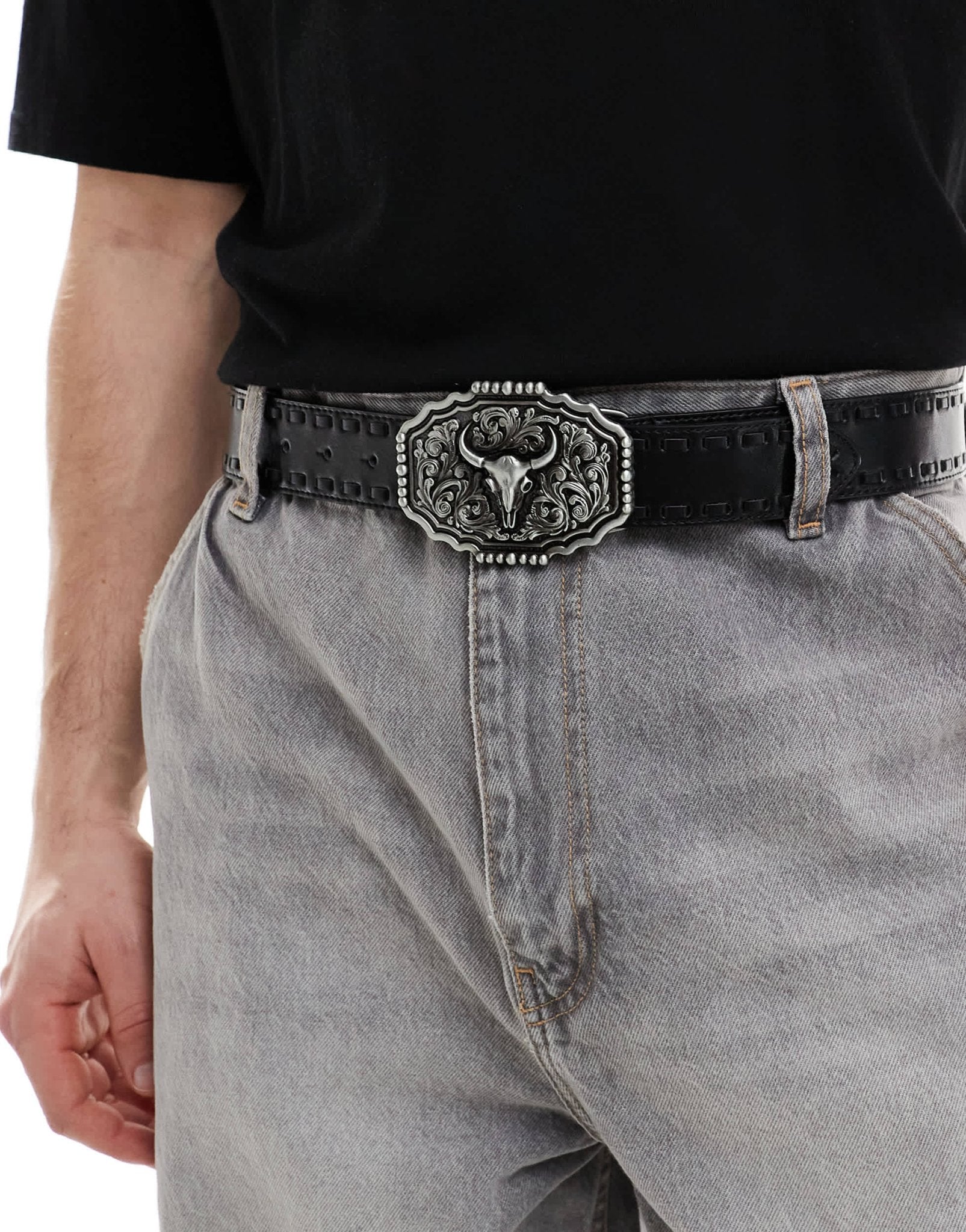 ASOS DESIGN western cowboy plate whipstitch belt in black faux leather - ASOS Sample Sale