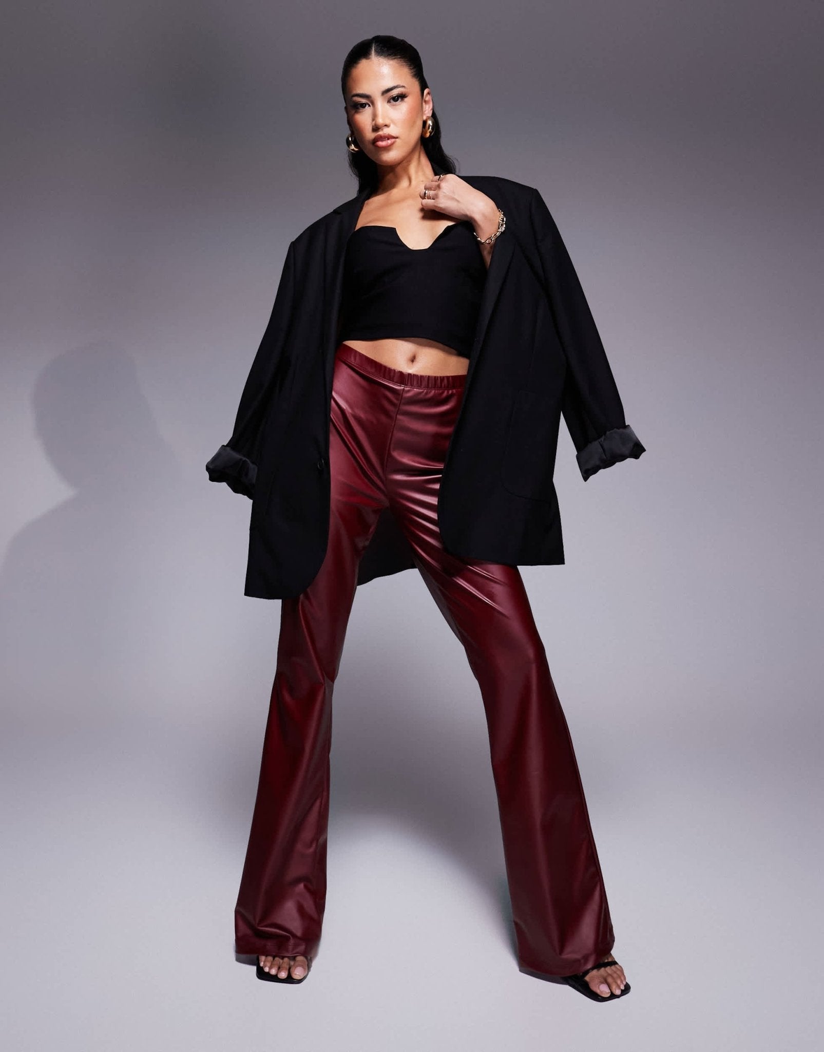 ASOS DESIGN wetlook flare legging co ord in burgundy - ASOS Sample Sale