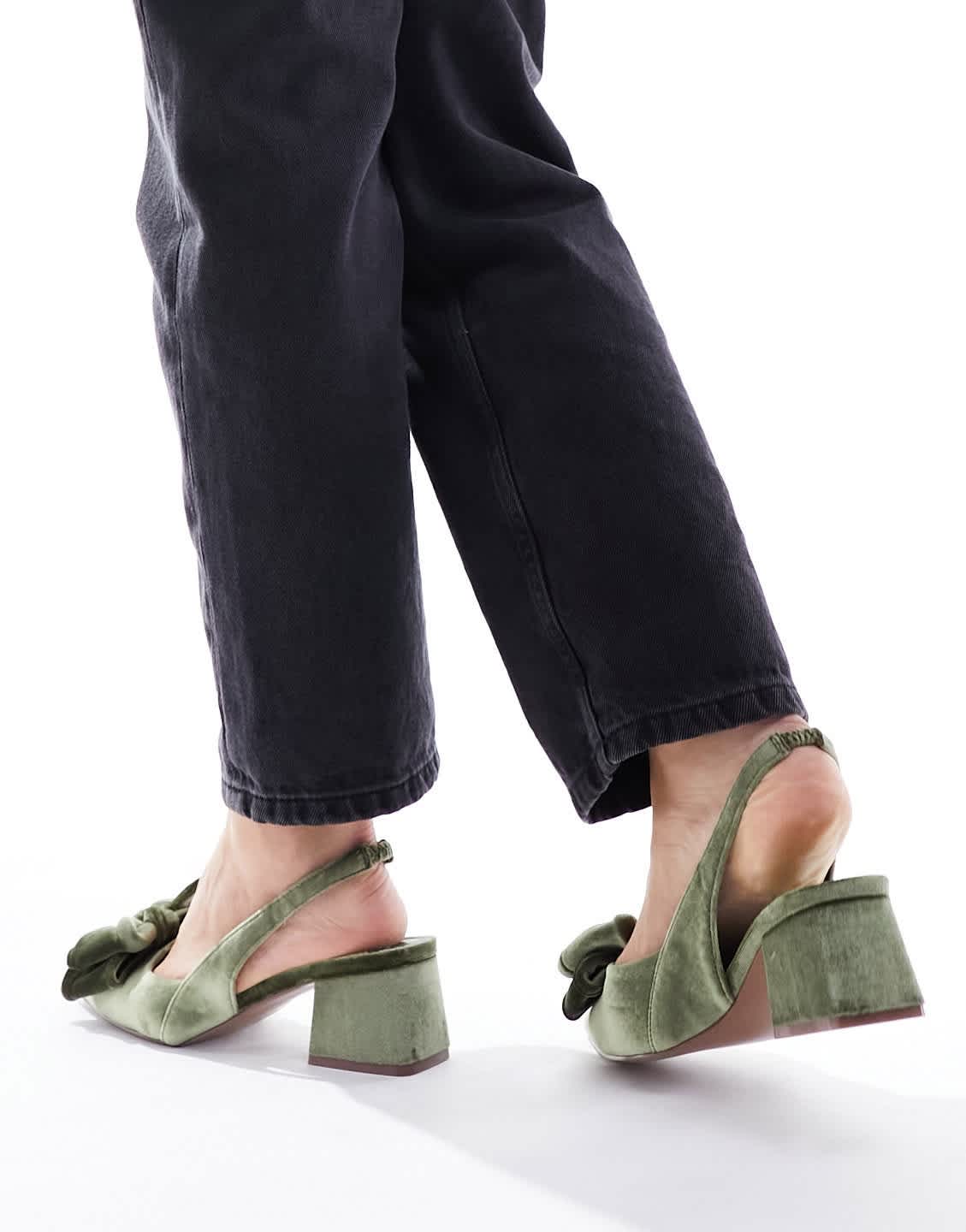 ASOS DESIGN Wide Fit Symphony bow slingback mid block heeled shoes in sage green velvet - PISTACHIO - ASOS Sample Sale