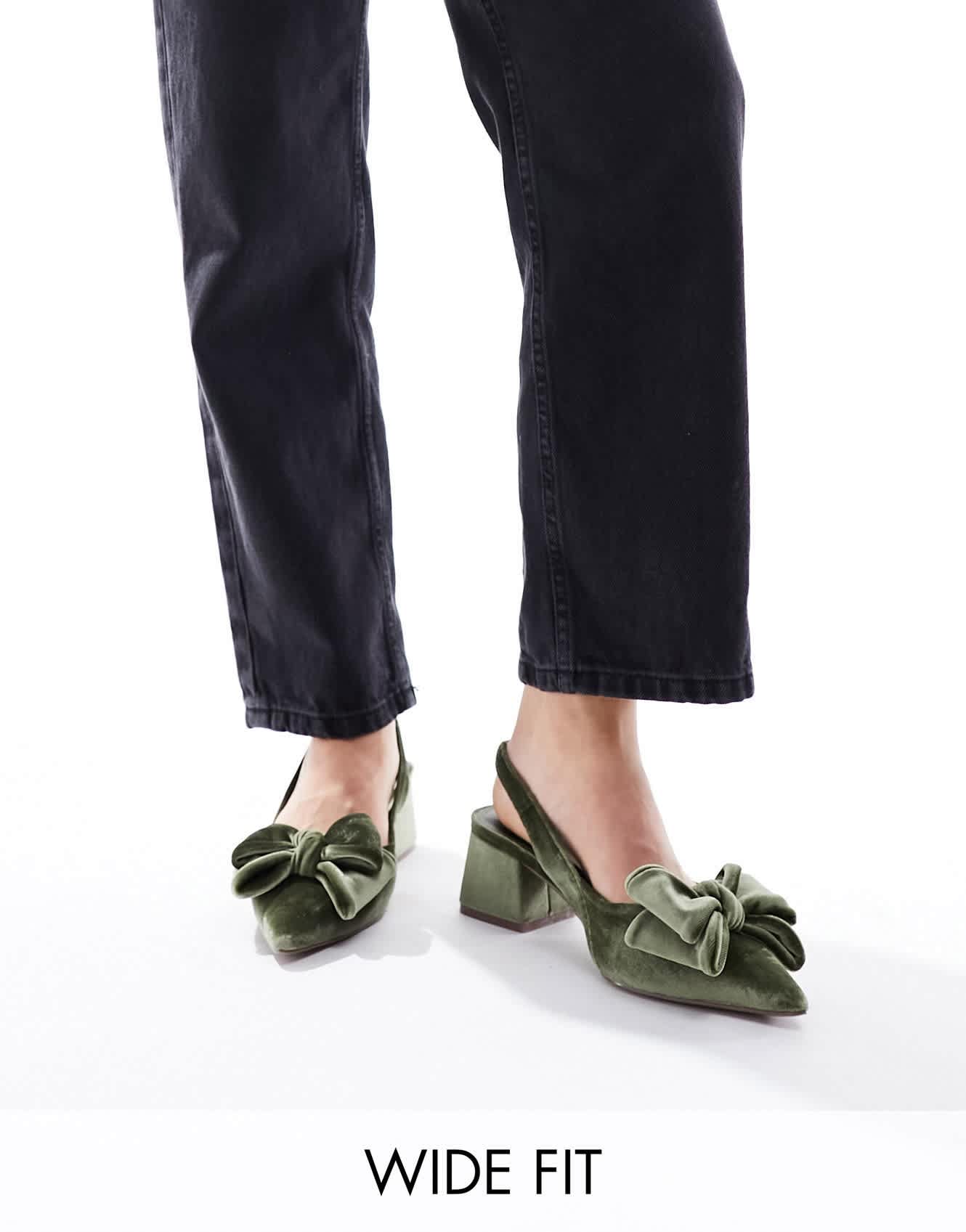 ASOS DESIGN Wide Fit Symphony bow slingback mid block heeled shoes in sage green velvet - PISTACHIO - ASOS Sample Sale