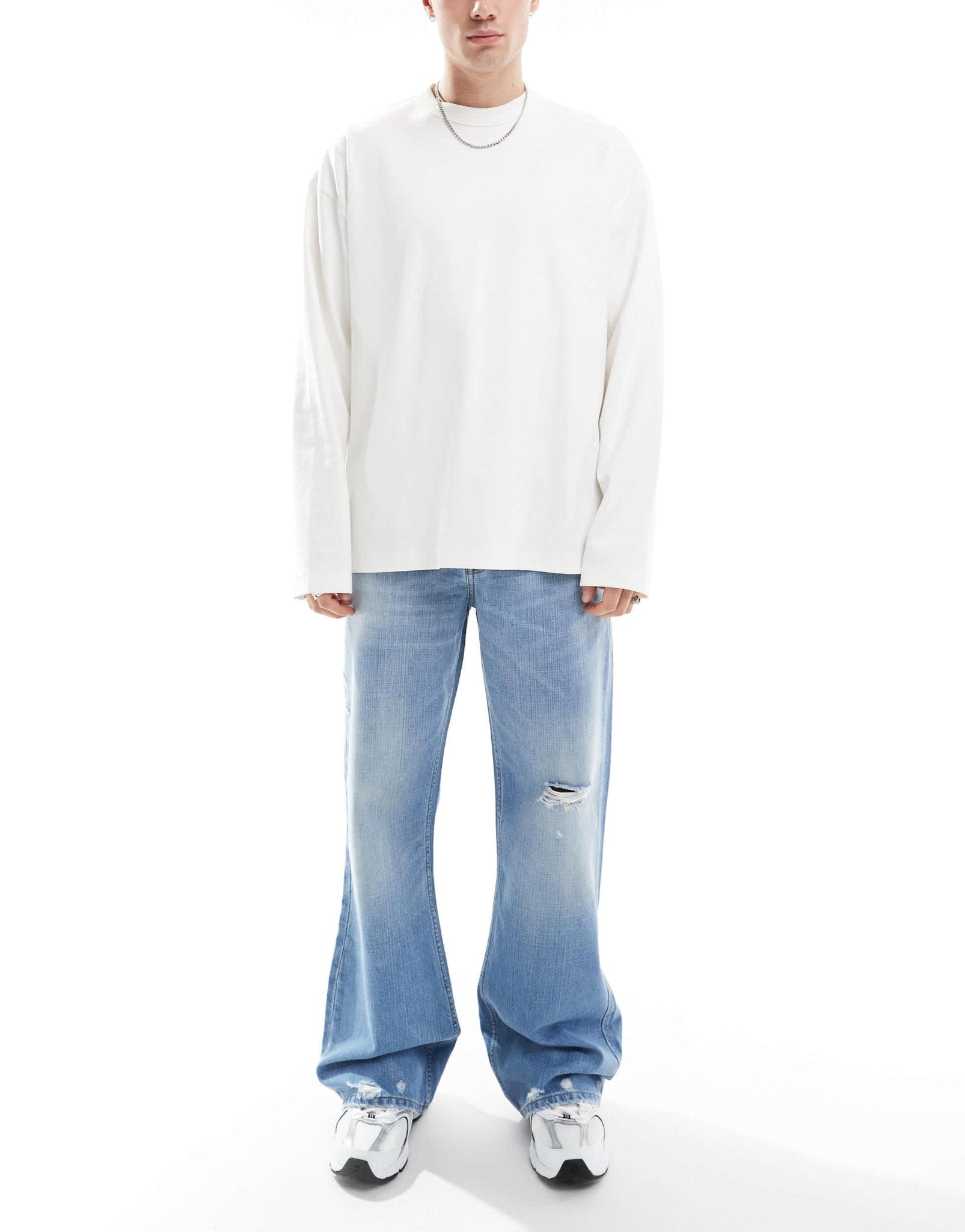 ASOS DESIGN wide flare jeans with tint & rips in mid wash blue - ASOS Sample Sale