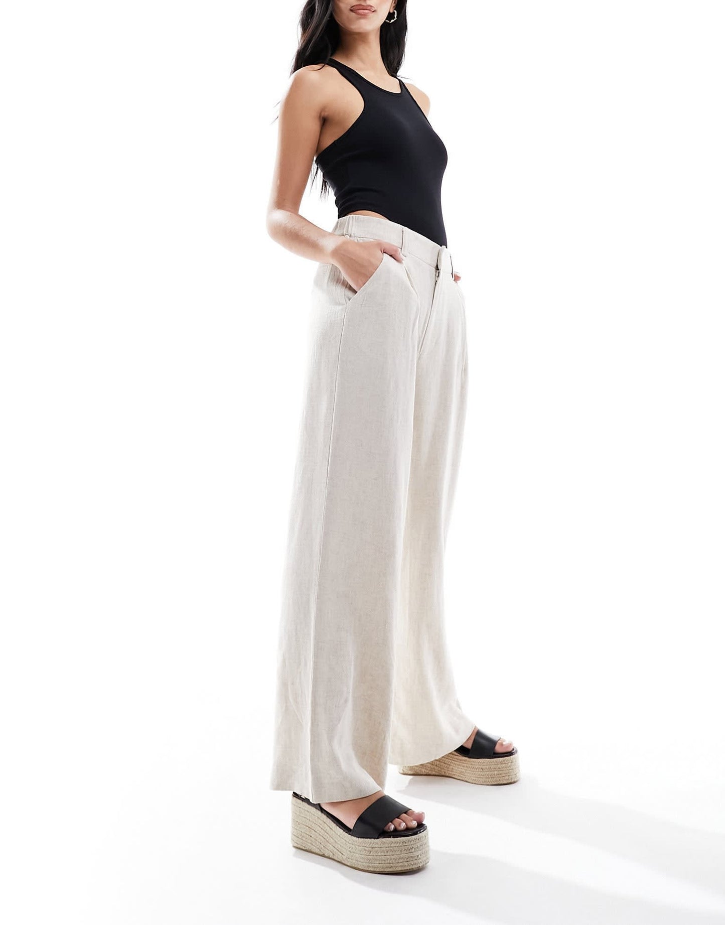 ASOS DESIGN wide leg dad trousers with linen in natural - ASOS Sample Sale