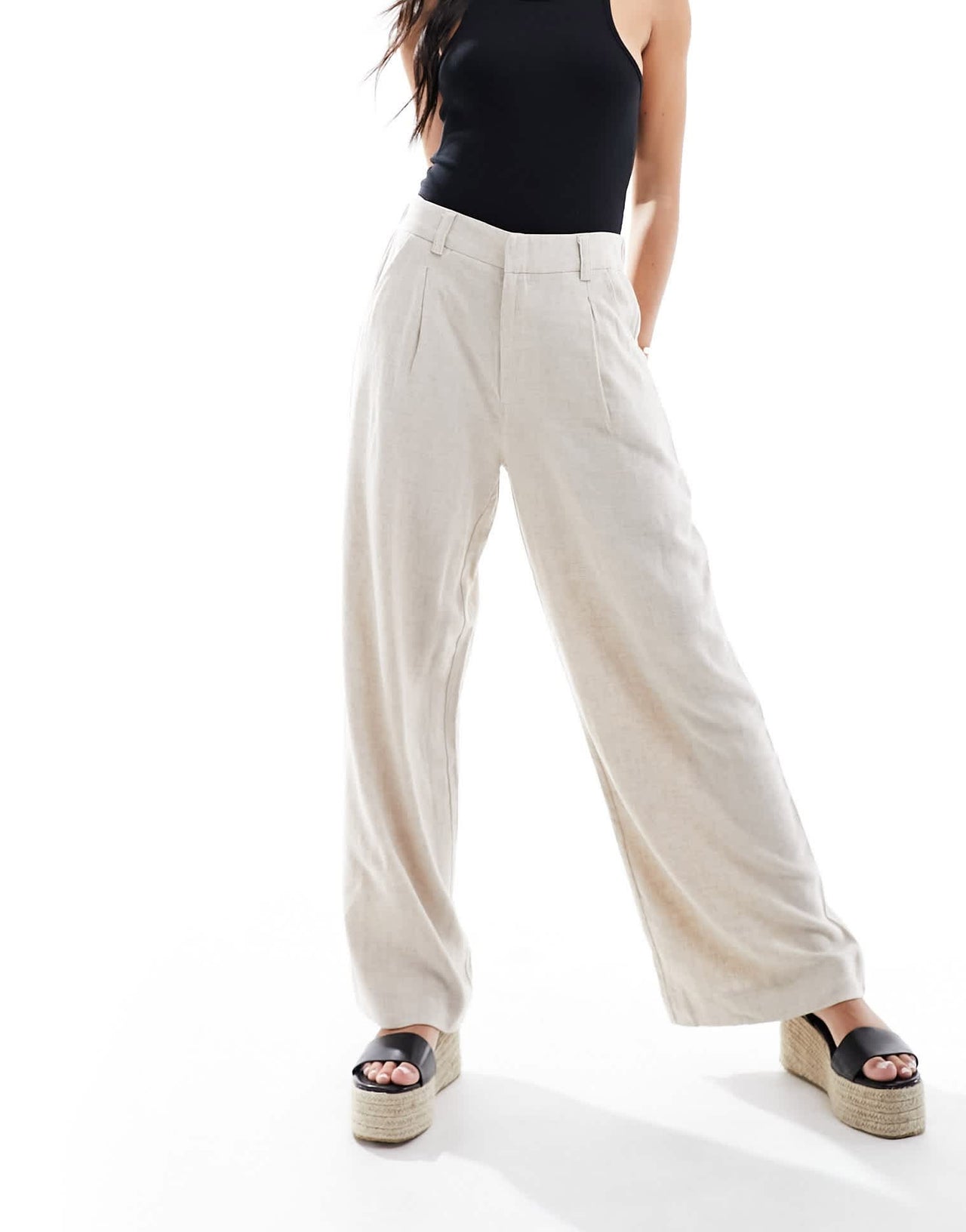 ASOS DESIGN wide leg dad trousers with linen in natural - ASOS Sample Sale