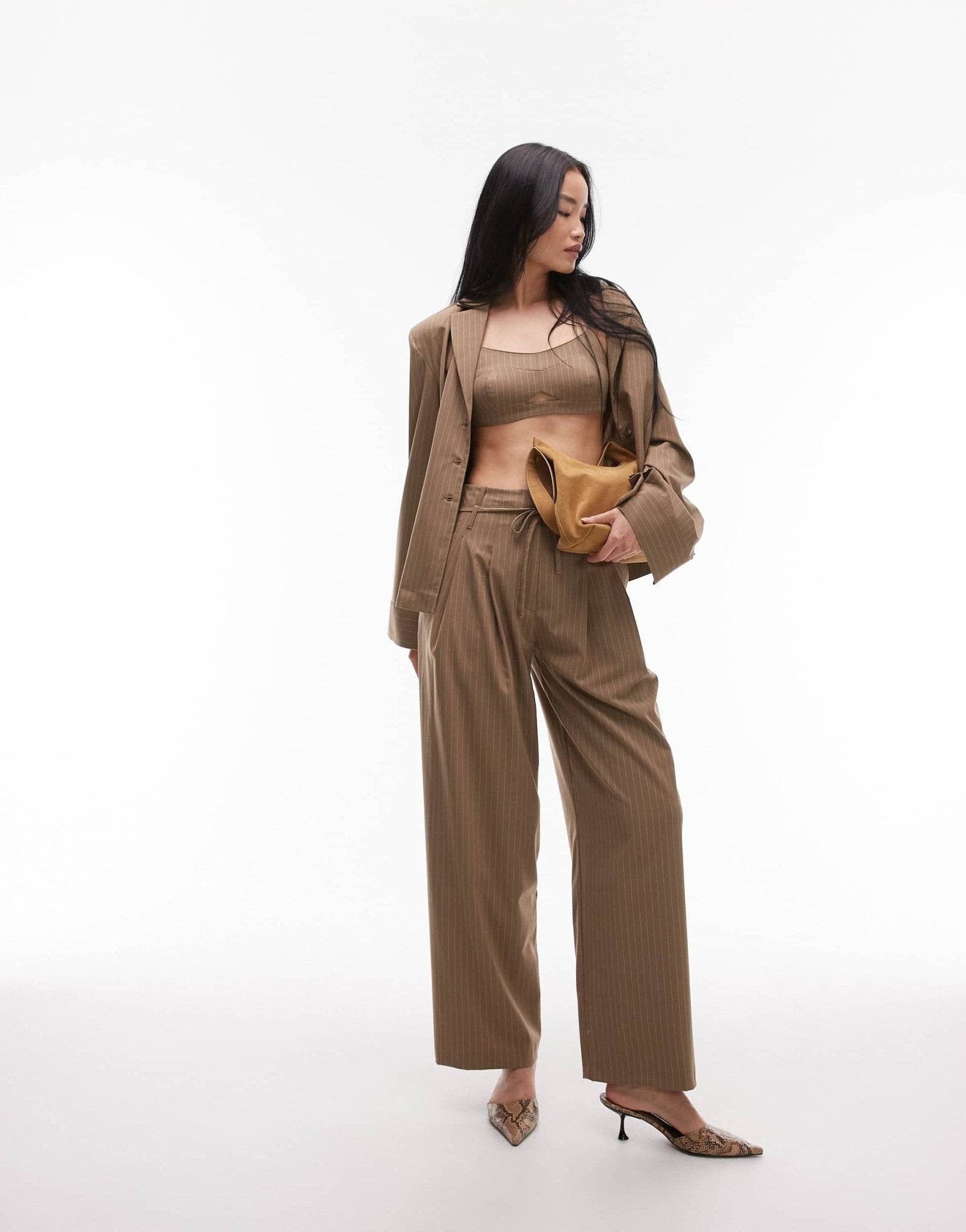 ASOS DESIGN wide leg pleated trouser in camel pinstripe - ASOS Sample Sale