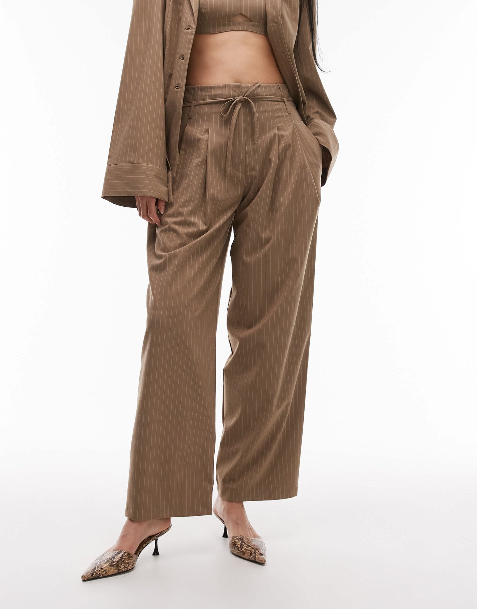 ASOS DESIGN wide leg pleated trouser in camel pinstripe - ASOS Sample Sale