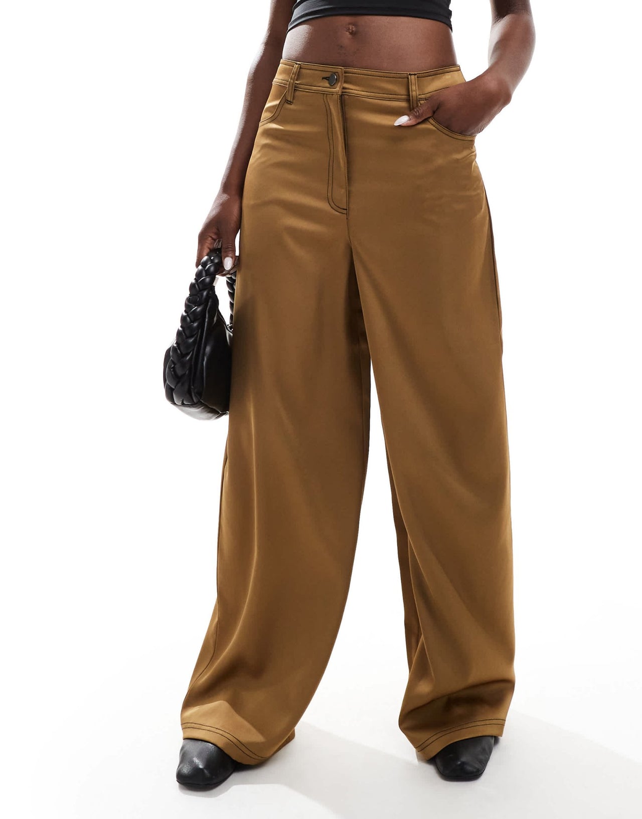 ASOS DESIGN wide leg satin trousers with contrast stitching in gold - ASOS Sample Sale