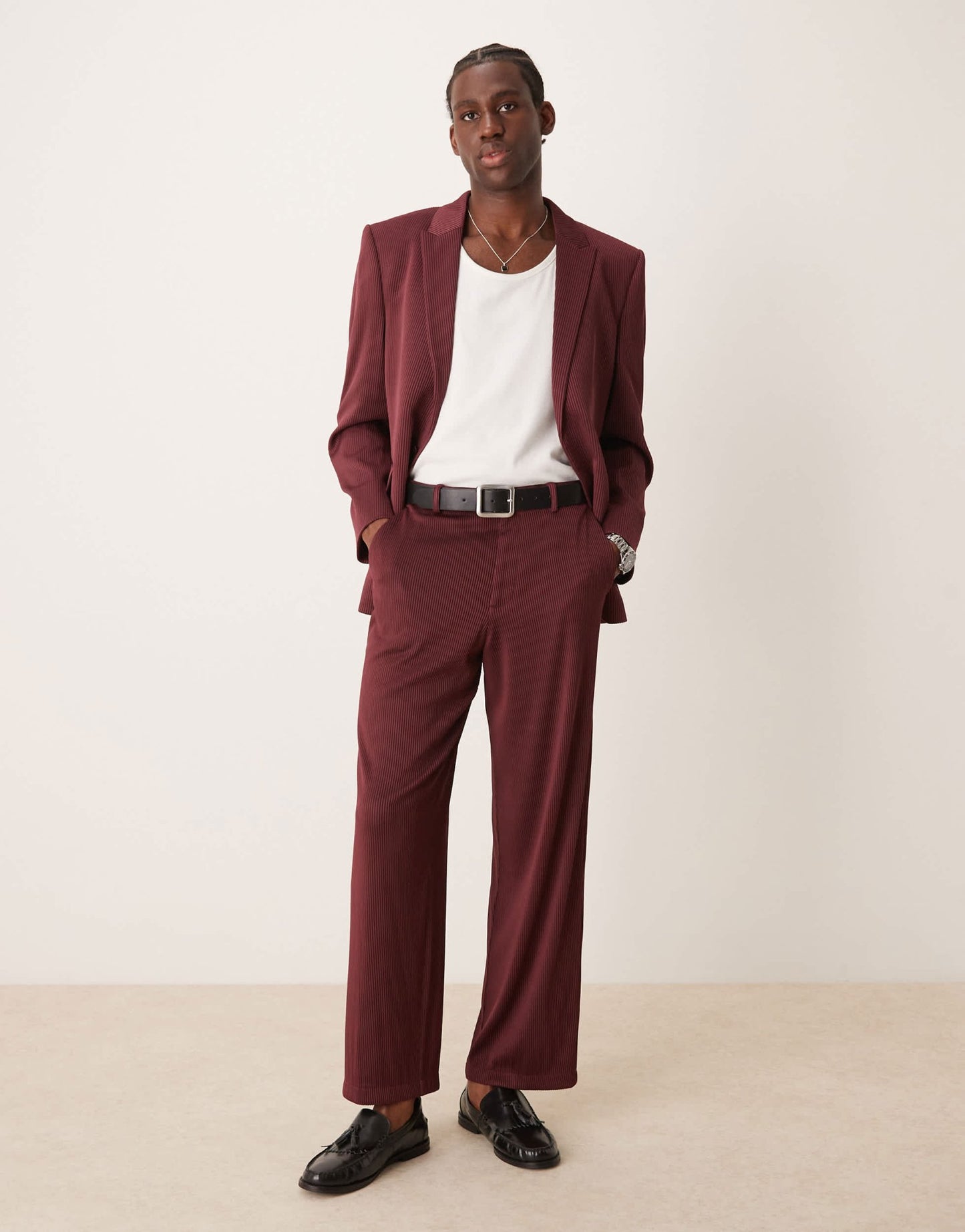 ASOS DESIGN wide leg suit trousers in burgundy ribbed fabric - ASOS Sample Sale