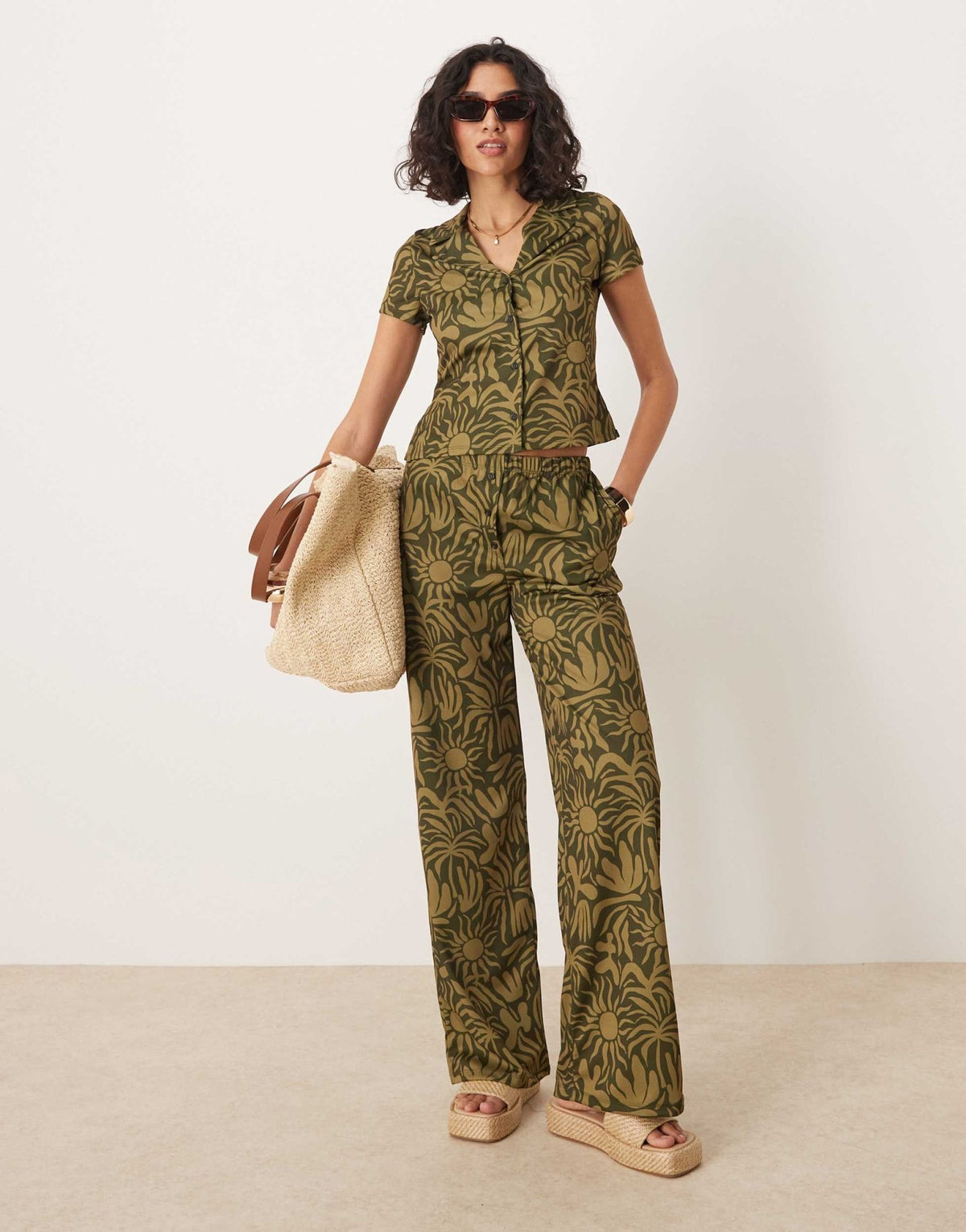 ASOS DESIGN wide leg trouser with floral print co-ord in khaki - ASOS Sample Sale