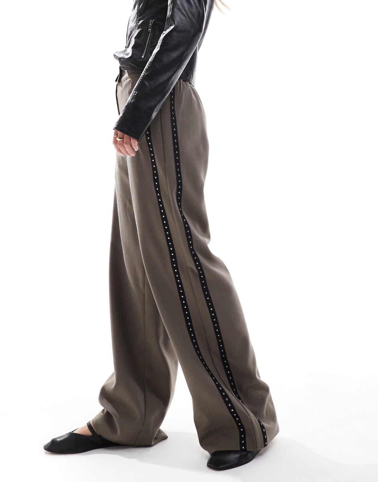 ASOS DESIGN wide leg trouser with stud detail in khaki - ASOS Sample Sale