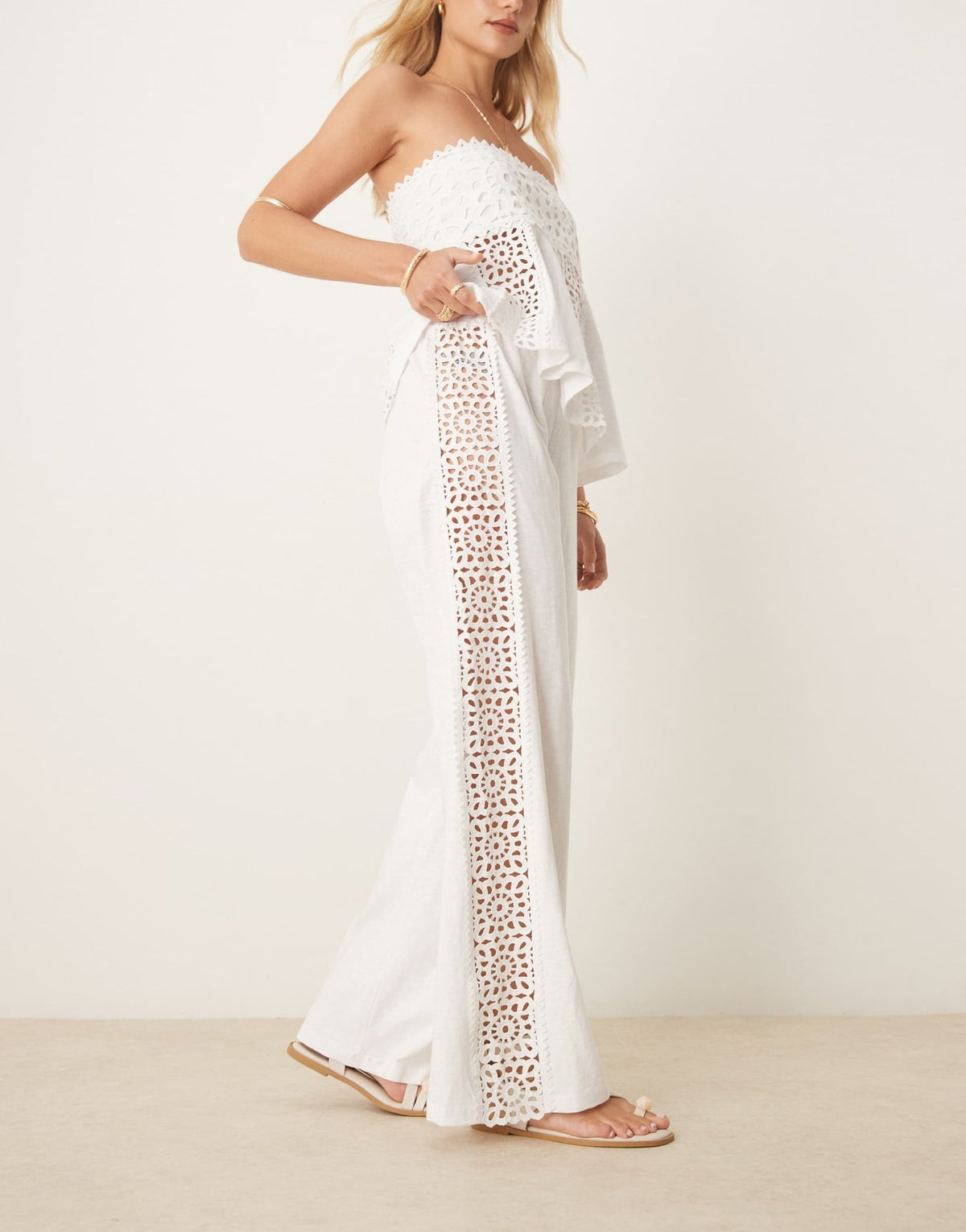 ASOS DESIGN wide leg trousers co-ord with crochet insert in cream - ASOS Sample Sale