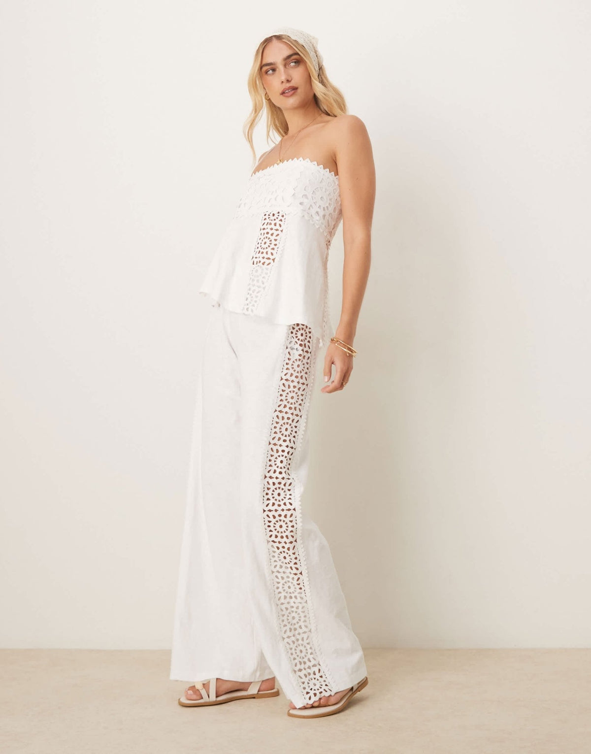 ASOS DESIGN wide leg trousers co-ord with crochet insert in cream - ASOS Sample Sale
