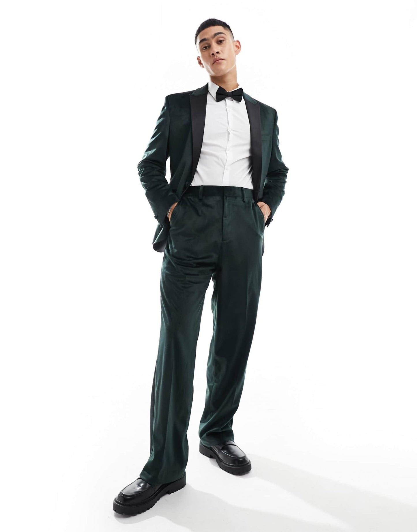ASOS DESIGN wide leg velvet tuxedo suit trouser in green - ASOS Sample Sale