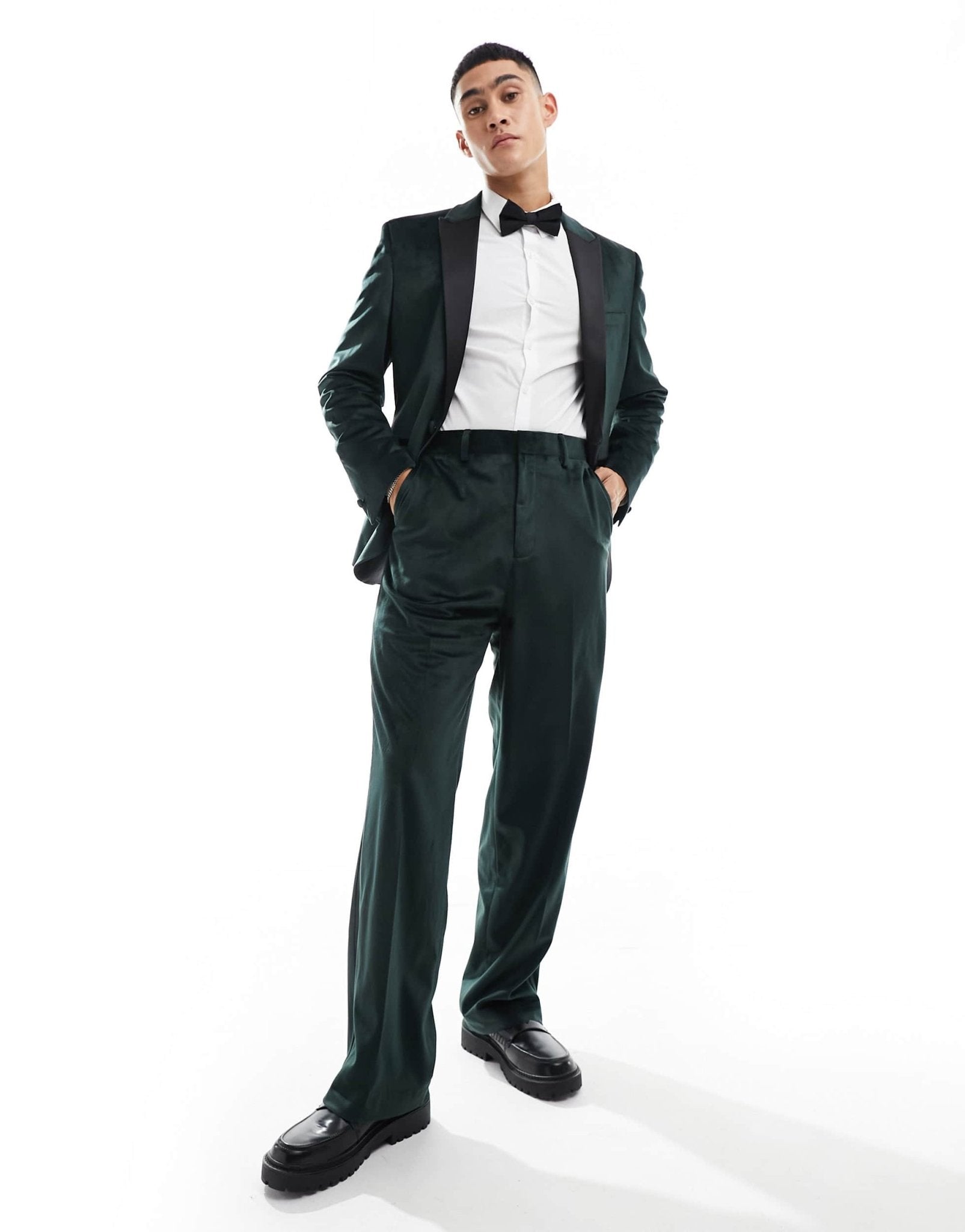 ASOS DESIGN wide leg velvet tuxedo suit trouser in green - ASOS Sample Sale