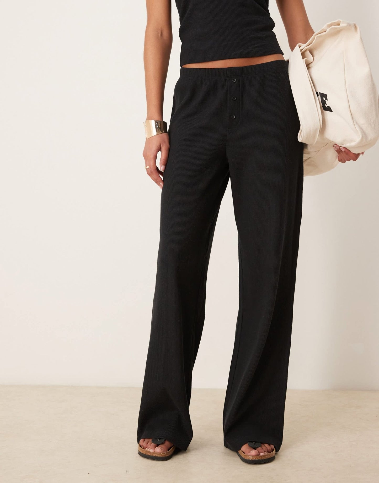 ASOS DESIGN wide leg waffle trouser in black - ASOS Sample Sale