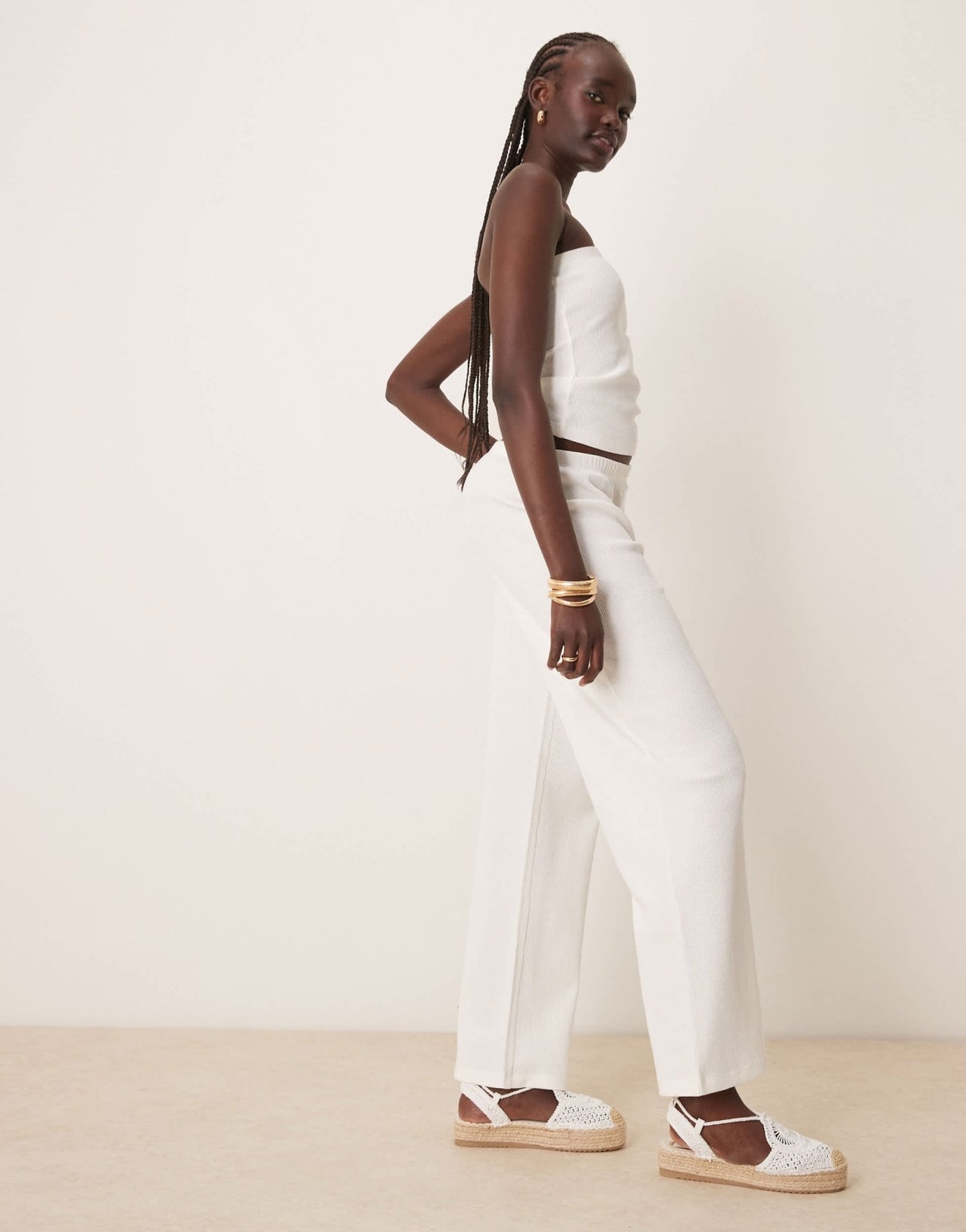 ASOS DESIGN wide leg waffle trouser in cream - ASOS Sample Sale