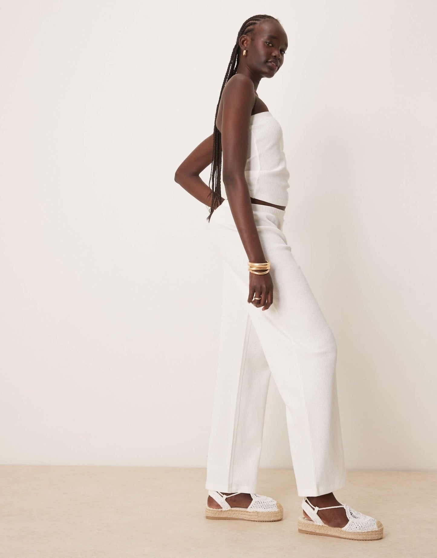 ASOS DESIGN wide leg waffle trouser in cream - ASOS Sample Sale