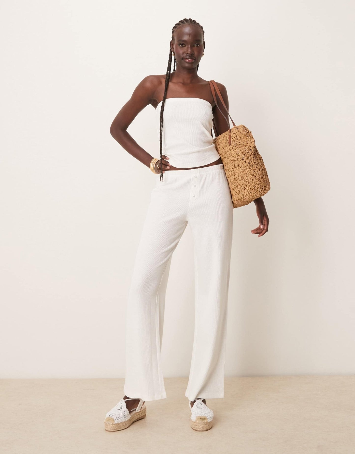 ASOS DESIGN wide leg waffle trouser in cream - ASOS Sample Sale