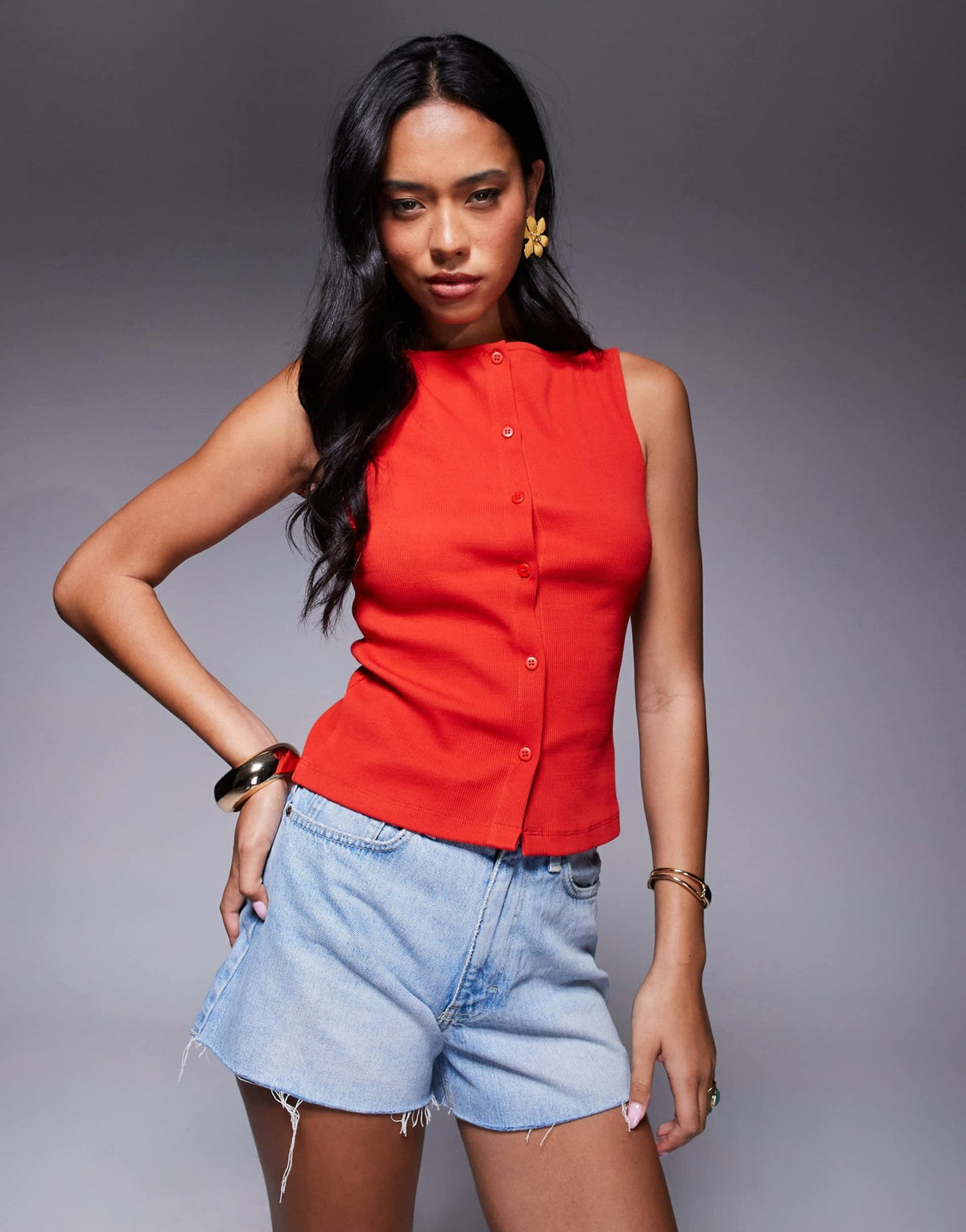 ASOS DESIGN wide neck ribbed button through tank top in red - ASOS Sample Sale