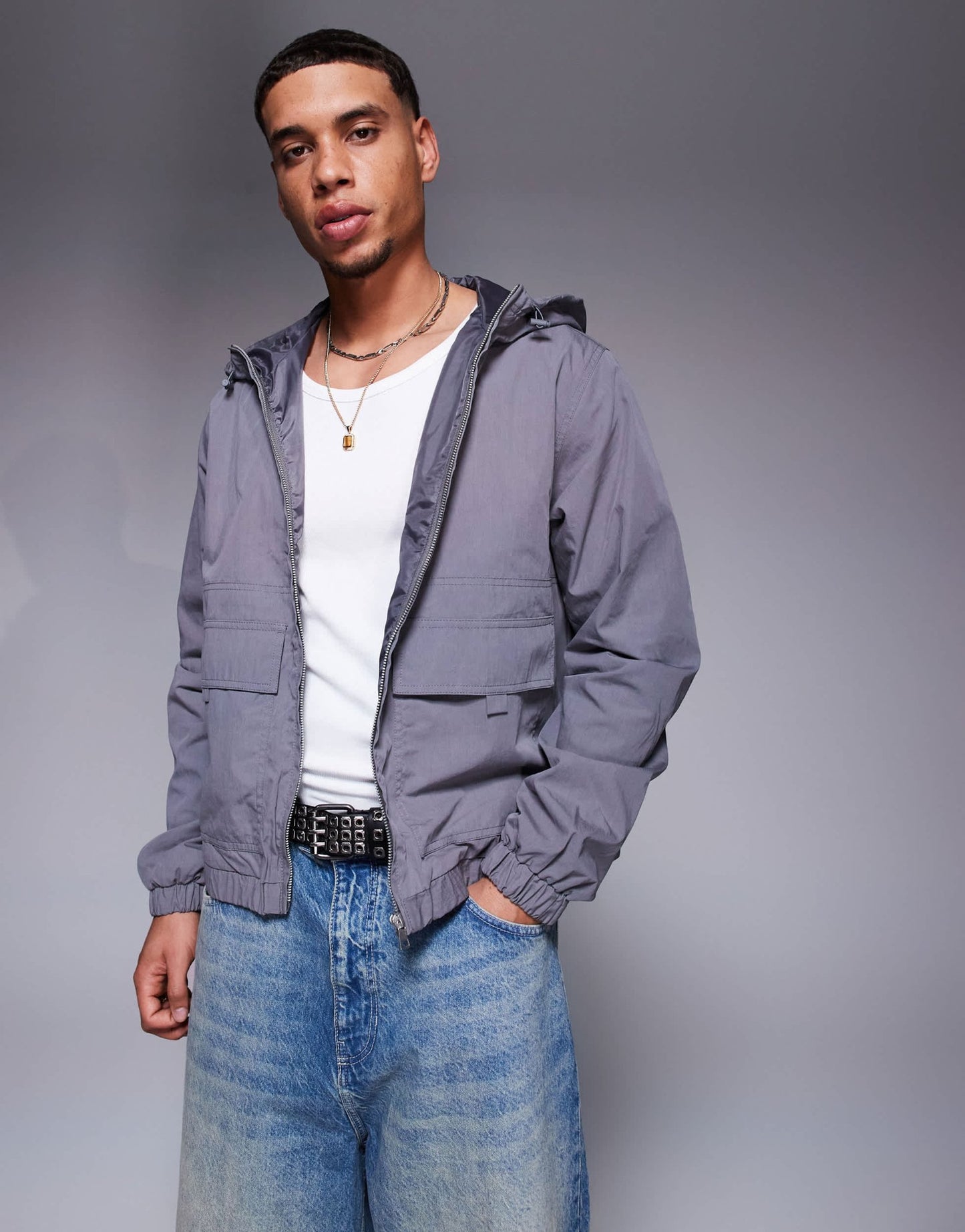 ASOS DESIGN windbreaker jacket with hood in charcoal - ASOS Sample Sale