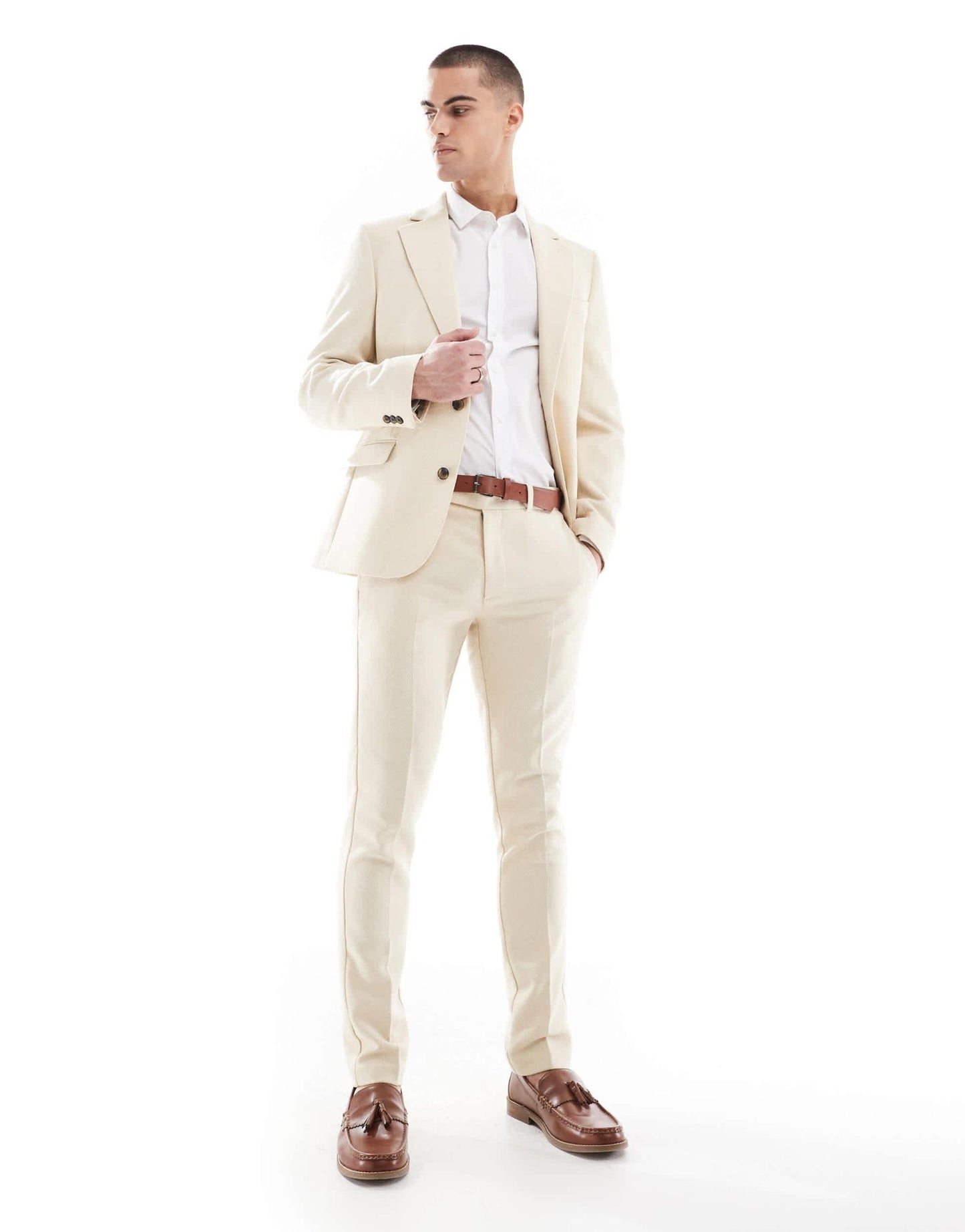 ASOS DESIGN wool blend skinny suit trousers in stone weave - ASOS Sample Sale