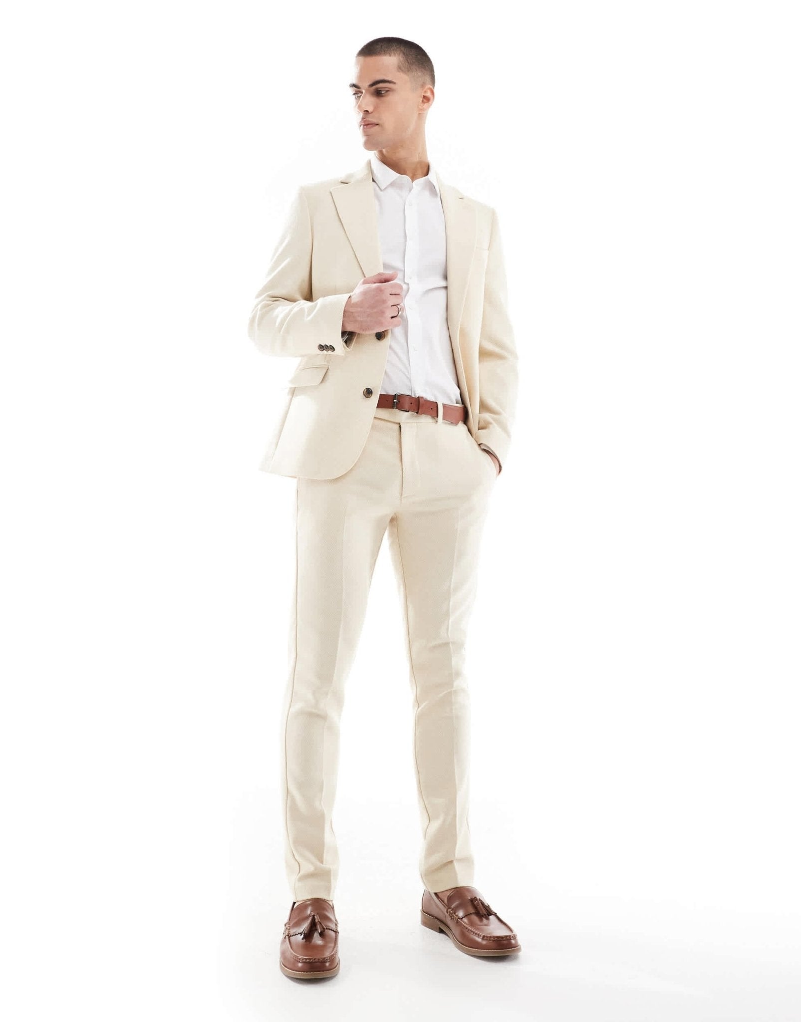 ASOS DESIGN wool blend skinny suit trousers in stone weave - ASOS Sample Sale