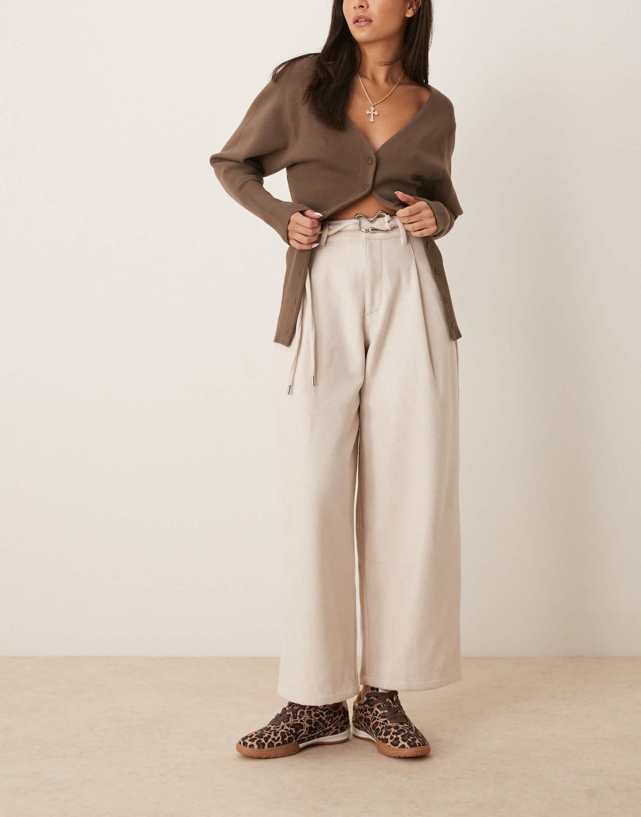 ASOS DESIGN wool look arched trousers with double belt detail in stone - ASOS Sample Sale