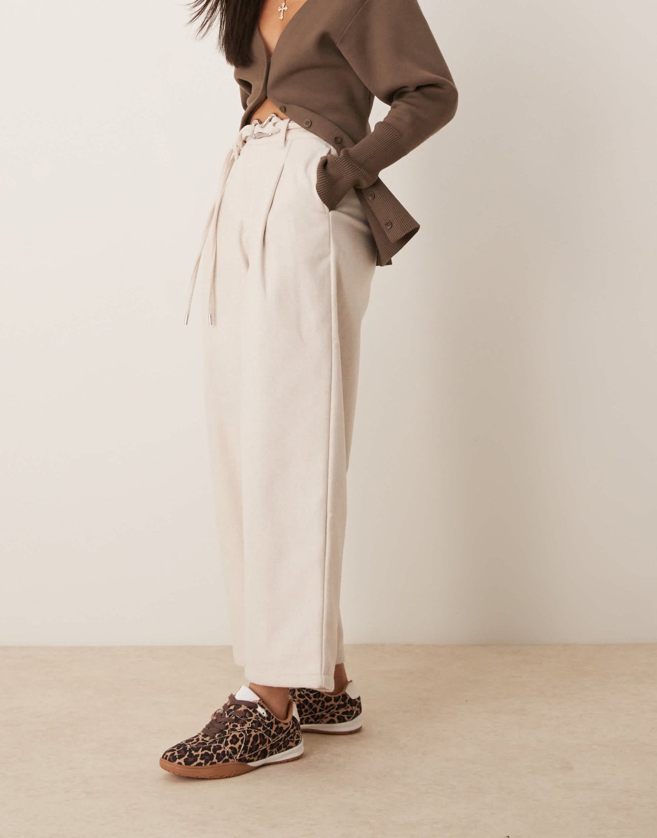 ASOS DESIGN wool look arched trousers with double belt detail in stone - ASOS Sample Sale
