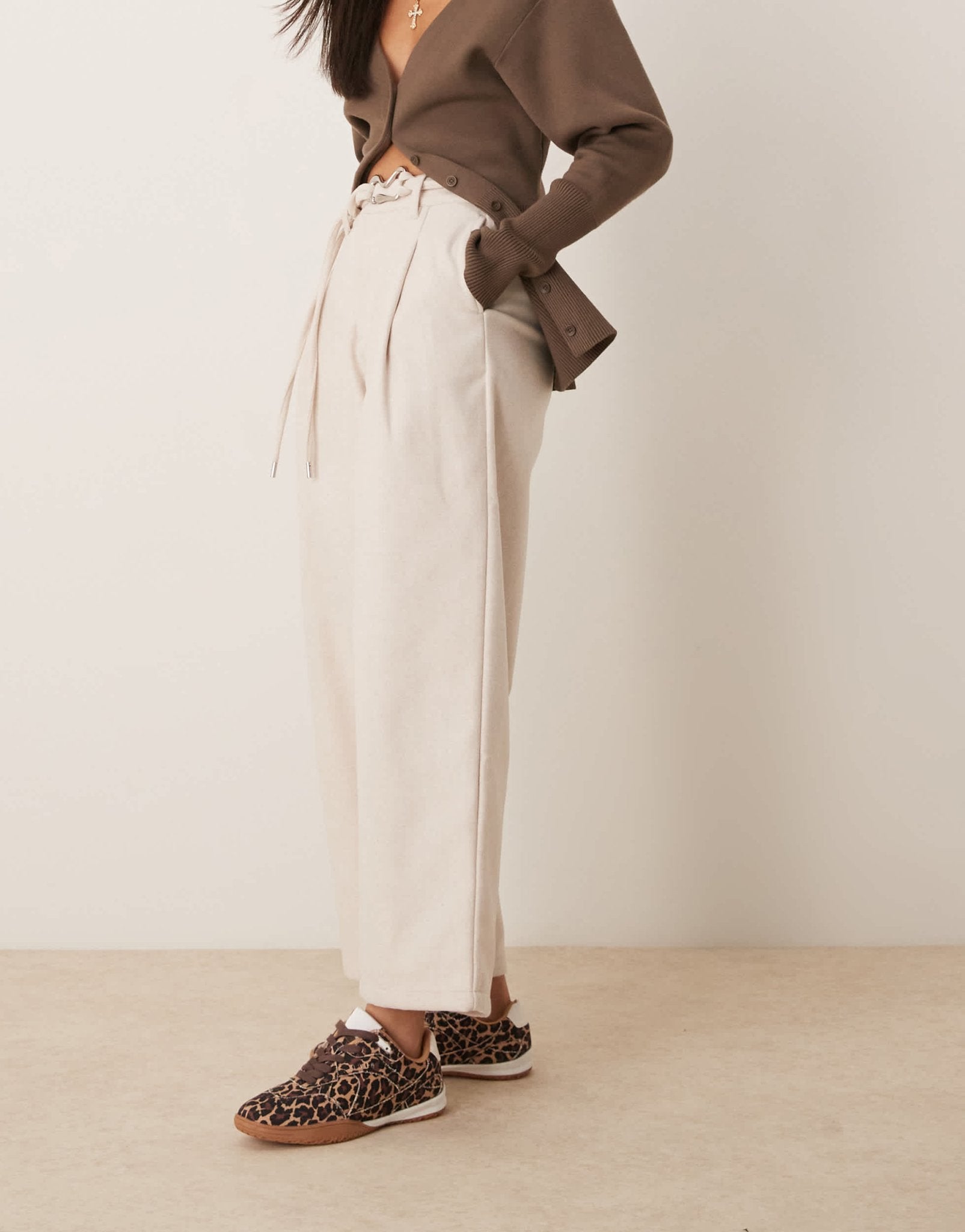 ASOS DESIGN wool look arched trousers with double belt detail in stone - ASOS Sample Sale