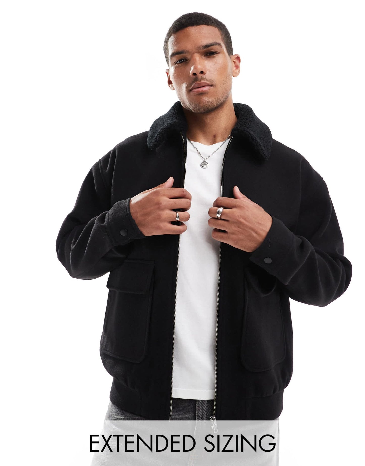 ASOS DESIGN wool look harrington jacket with borg collar in black - ASOS Sample Sale