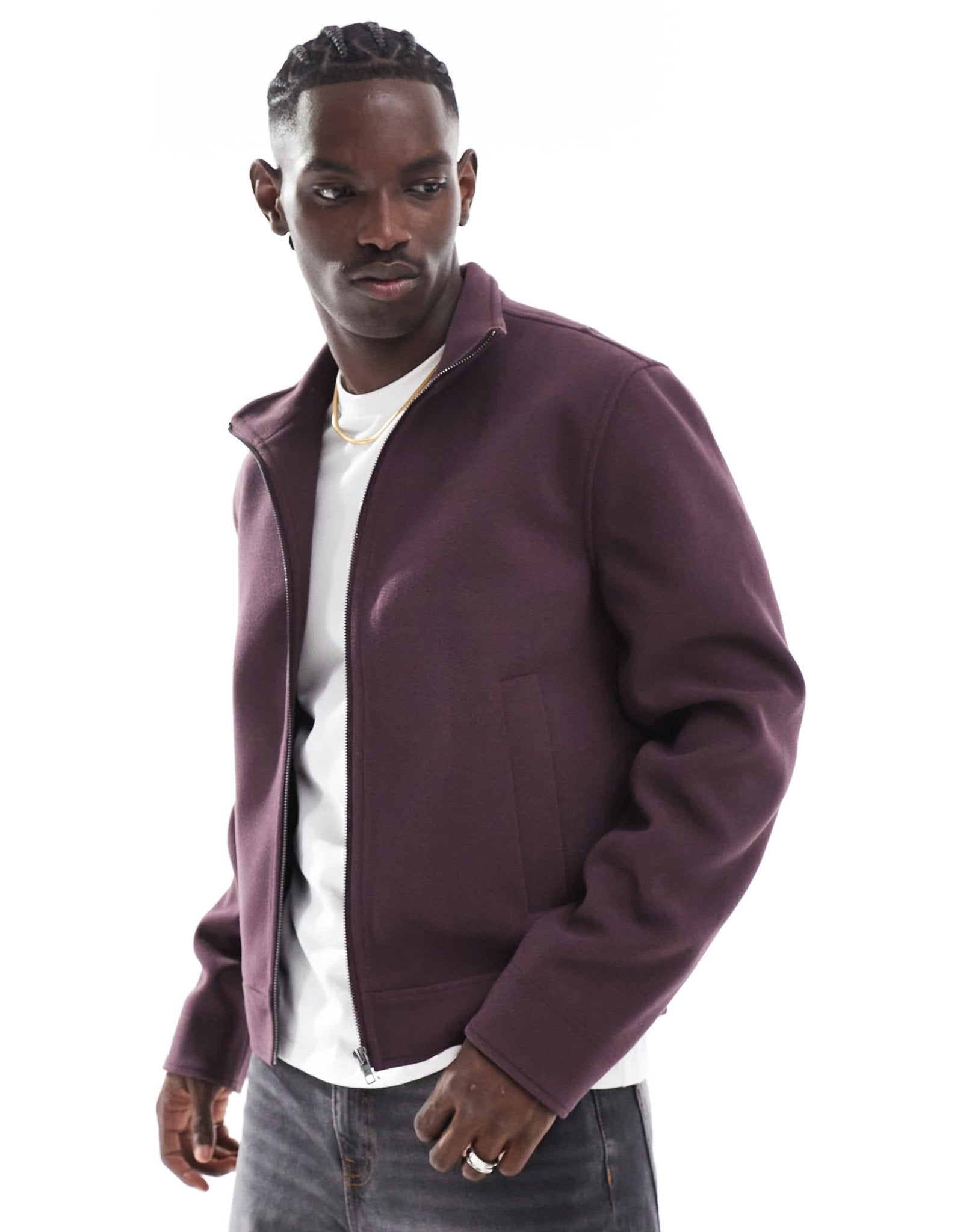 ASOS DESIGN wool look harrington jacket with funnel neck in burgundy - ASOS Sample Sale