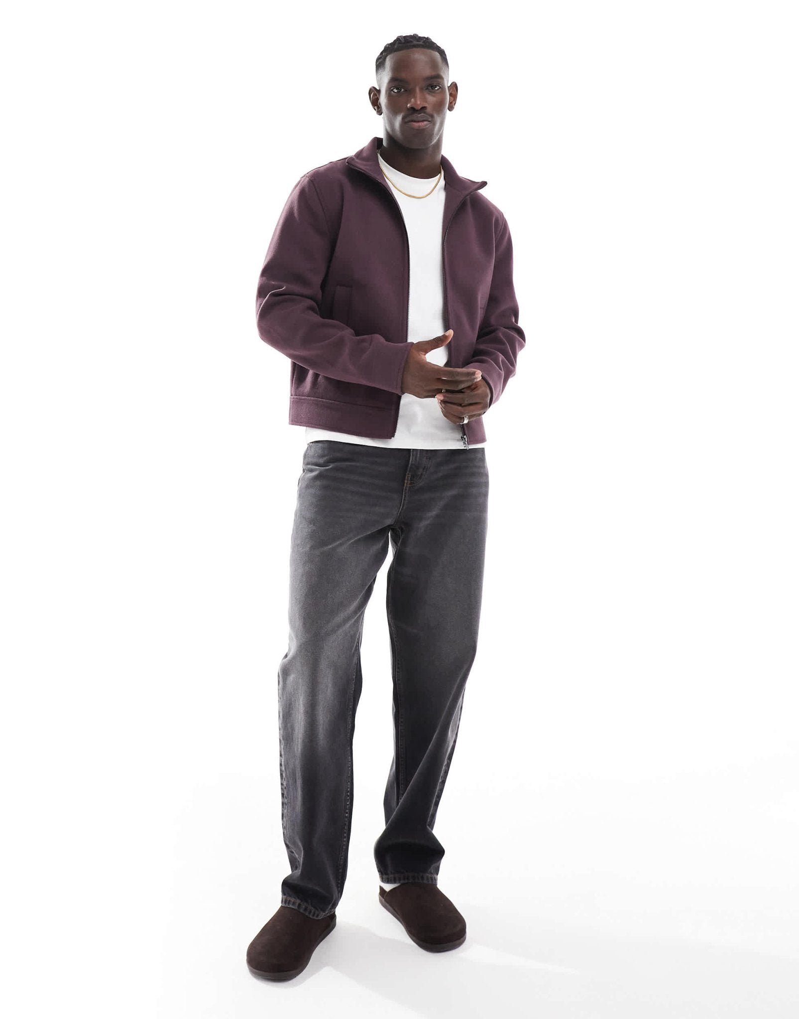 ASOS DESIGN wool look harrington jacket with funnel neck in burgundy - ASOS Sample Sale