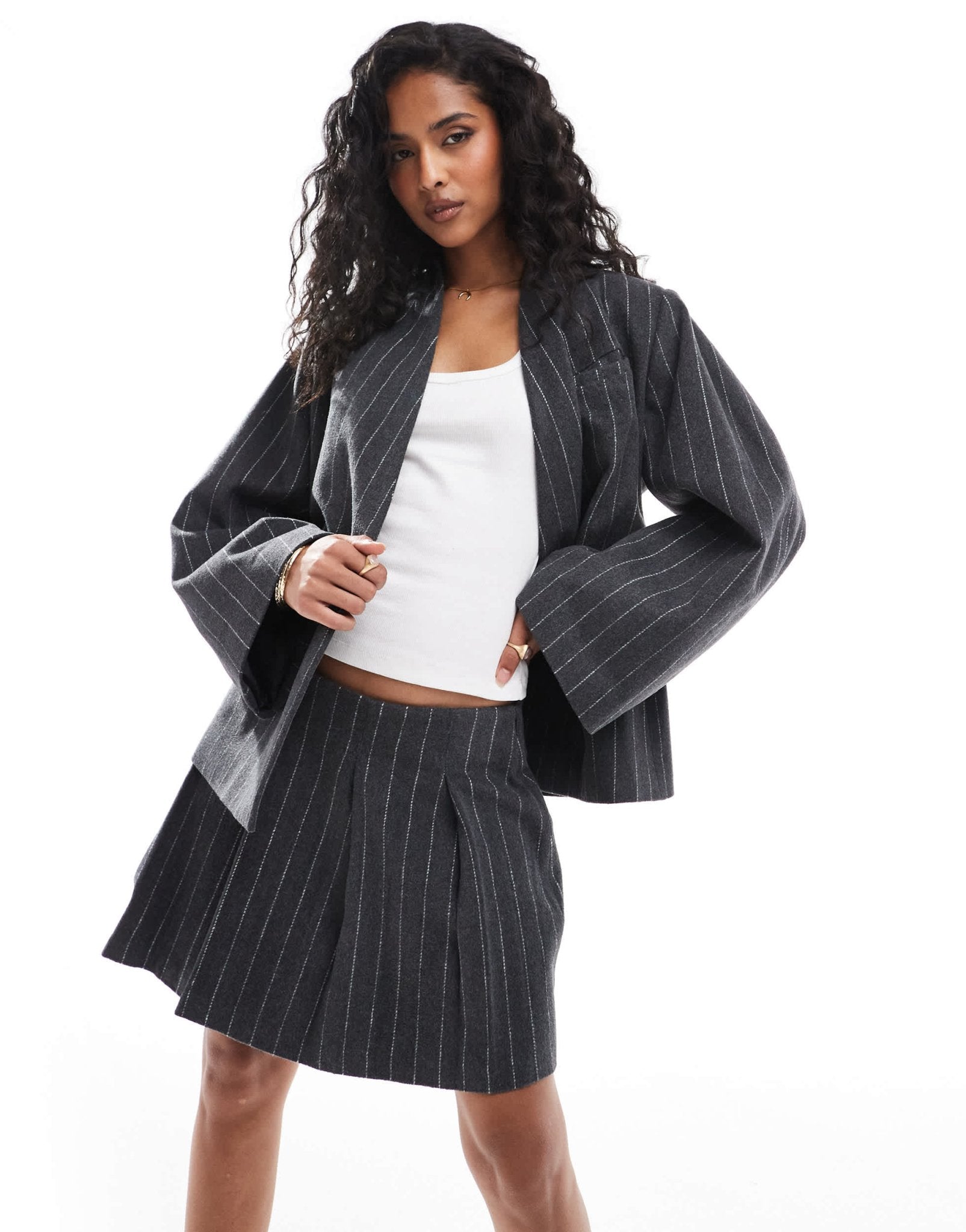 ASOS DESIGN wool look pleat tailored skirt in charcoal stripe - ASOS Sample Sale