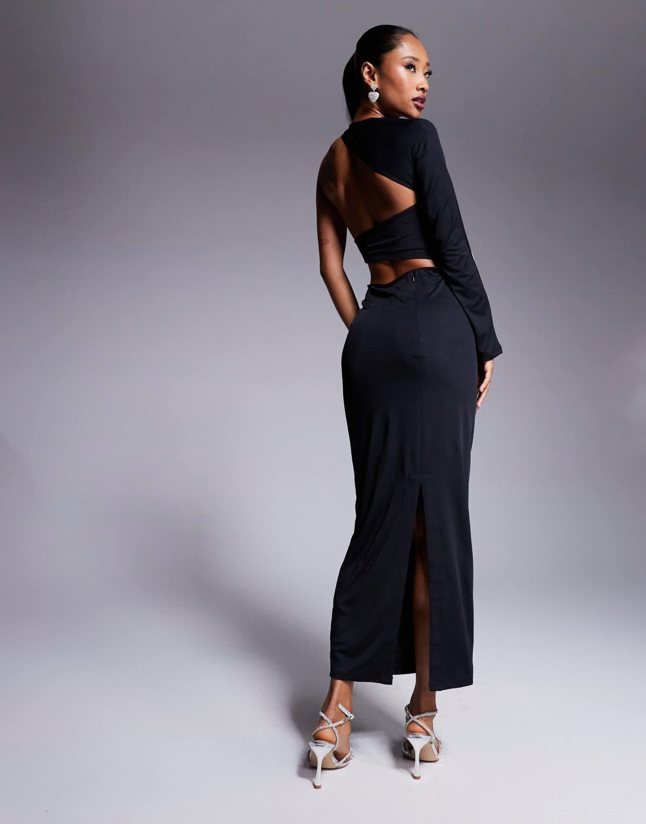 ASOS DESIGN wrap around one shoulder midi dress with oversized contrast floral embellishment in black - ASOS Sample Sale