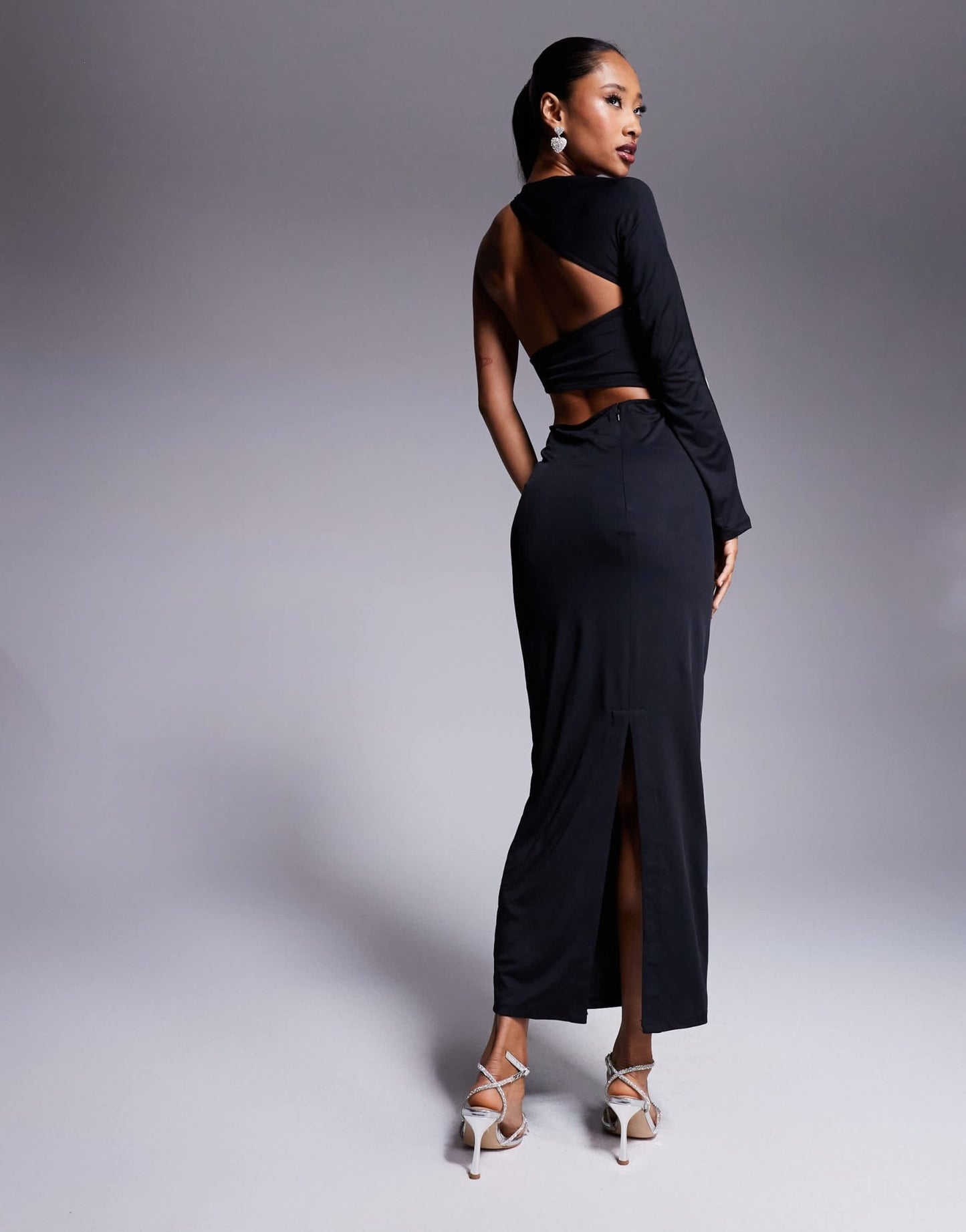 ASOS DESIGN wrap around one shoulder midi dress with oversized contrast floral embellishment in black - ASOS Sample Sale