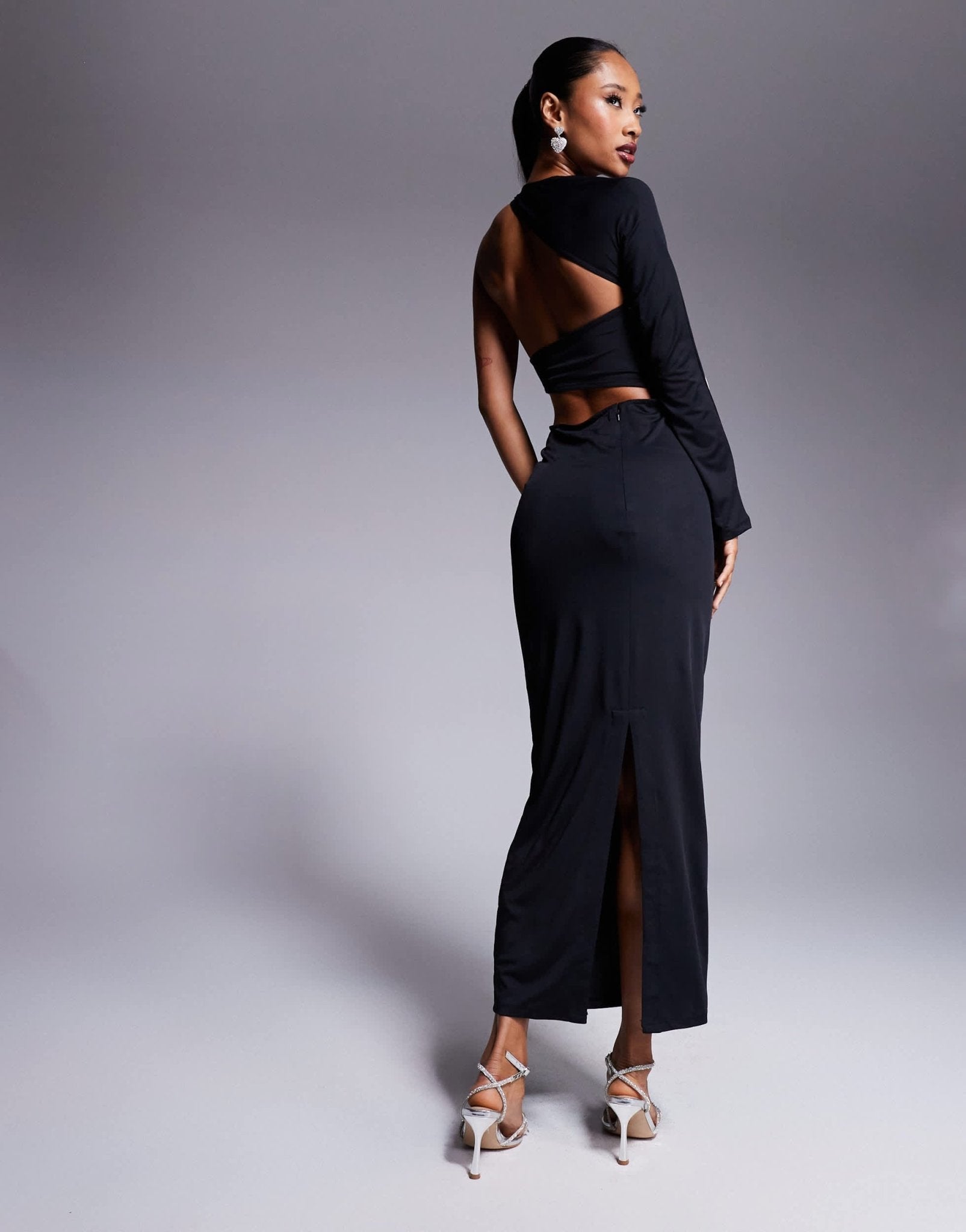 ASOS DESIGN wrap around one shoulder midi dress with oversized contrast floral embellishment in black - ASOS Sample Sale
